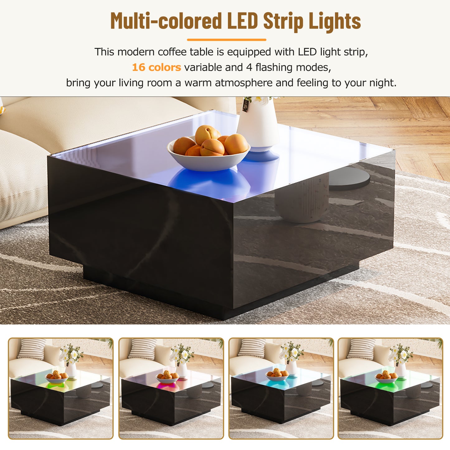 Modern black coffee table with multicolored LED strip lights casting a blue glow