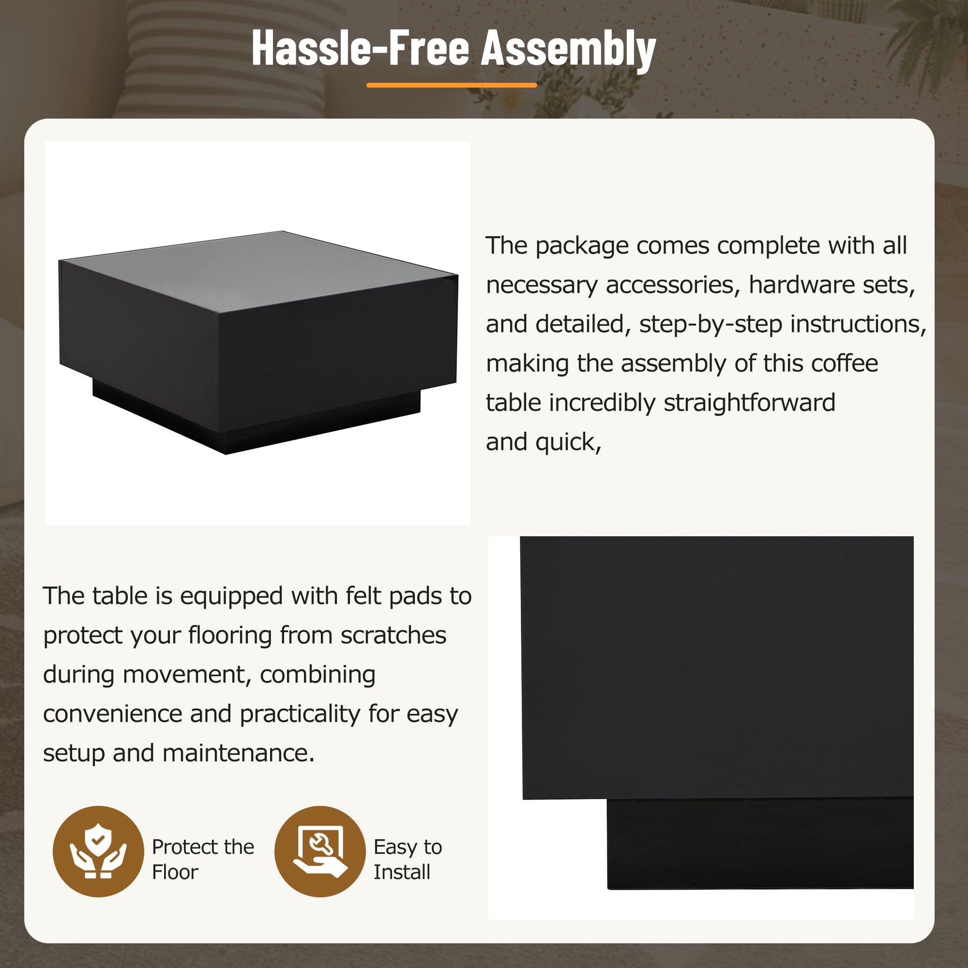 Sleek black modern coffee table with a polished finish and sturdy base