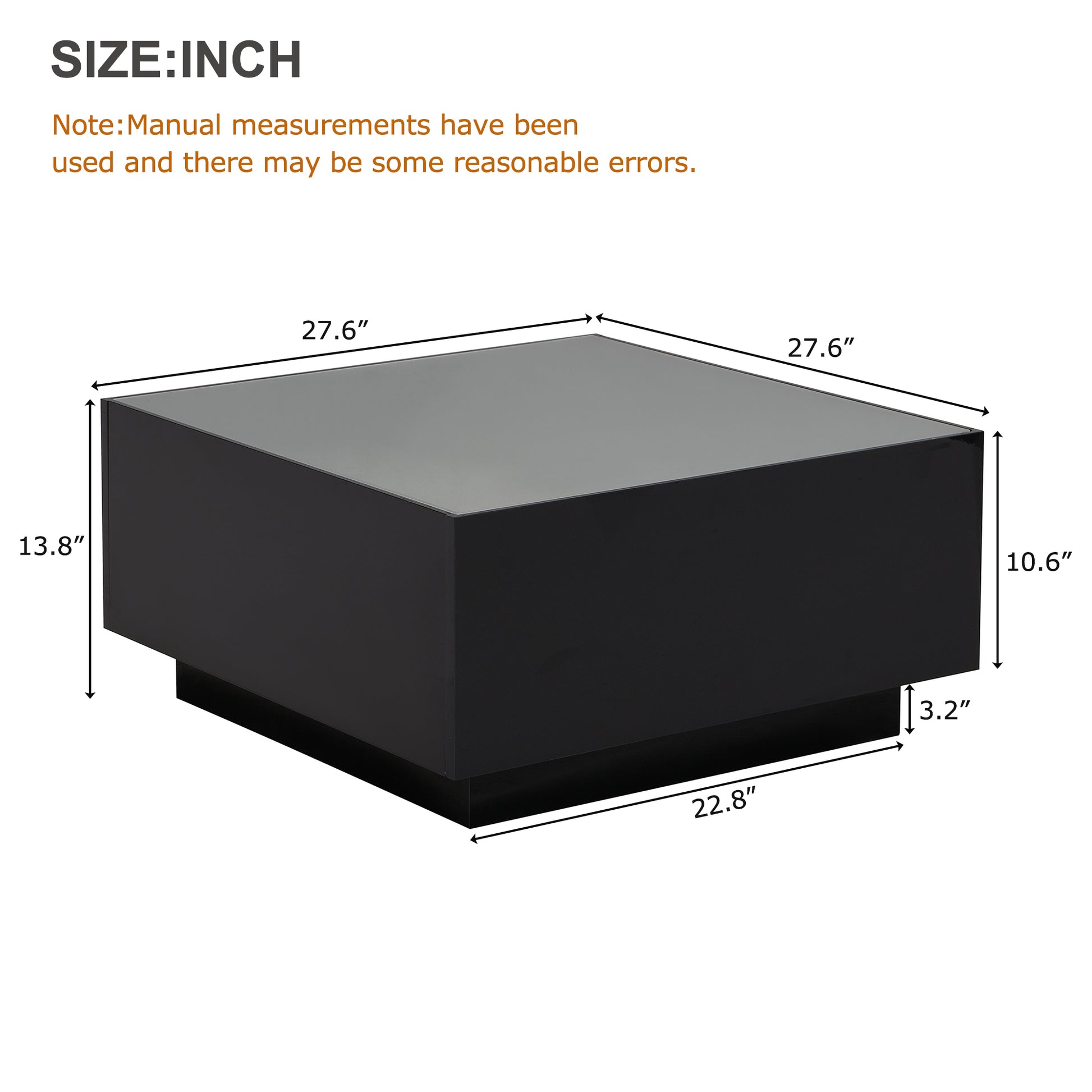 Black cube coffee table with gloss finish inch width