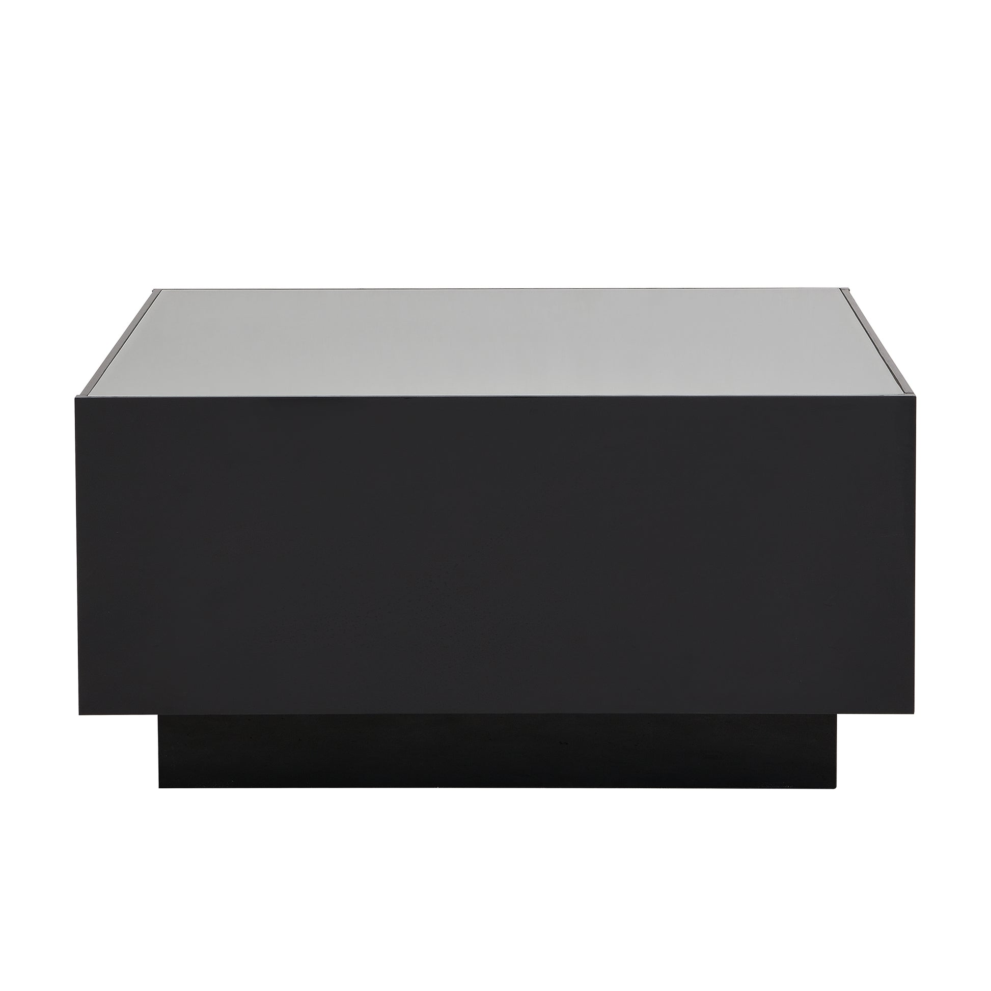 Sleek black modern coffee table with a glossy tabletop and a sturdy base