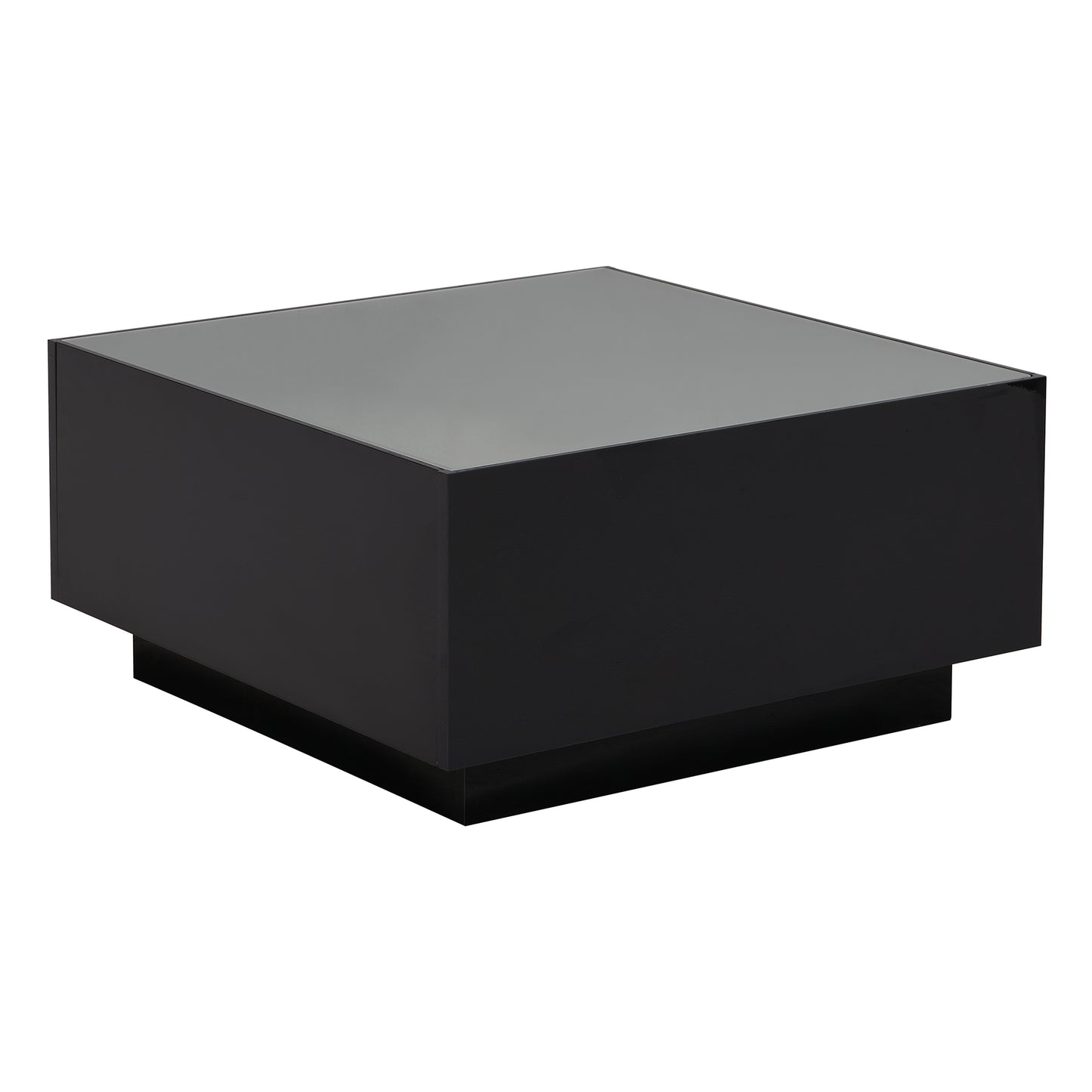 Sleek black lacquer coffee table with a reflective glass top and minimalist base