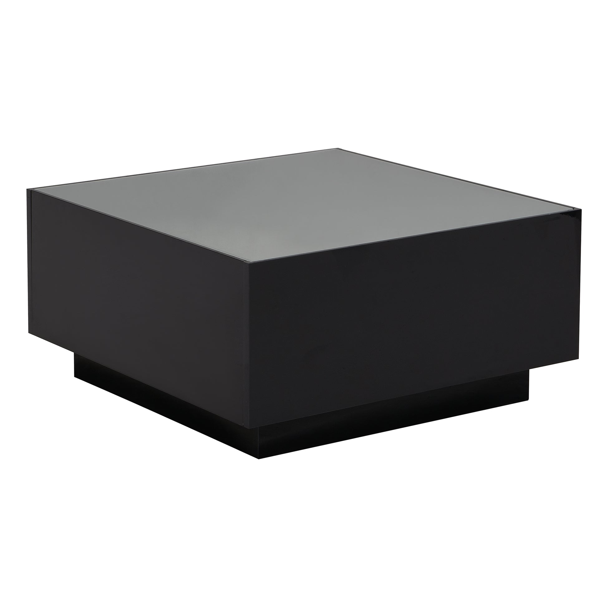 Sleek black lacquer coffee table with a reflective glass top and minimalist base