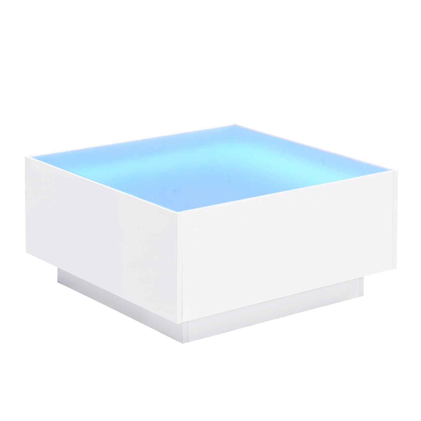Modern white coffee table with blue LED illumination and sleek minimalist design