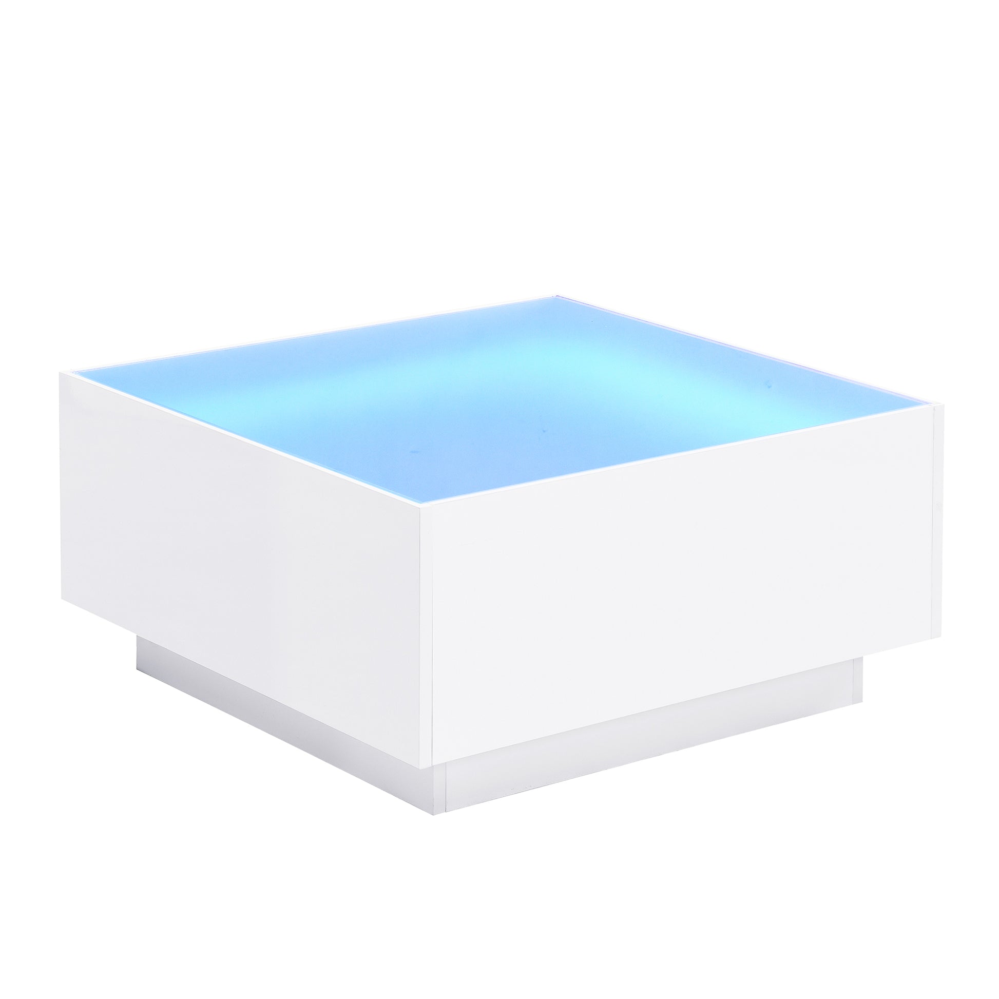 Modern white coffee table with blue LED illumination and sleek minimalist design