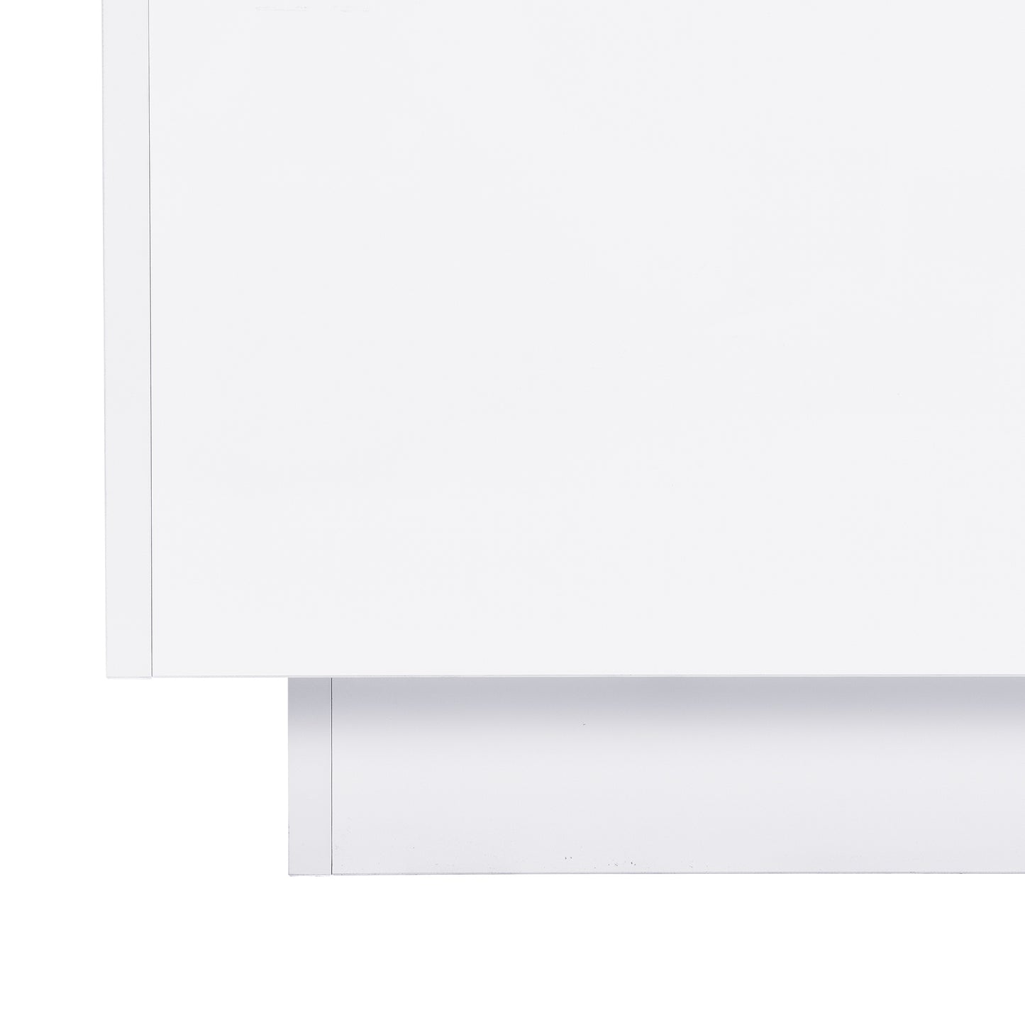 Minimalist white laminate shelf with brushed aluminum trim