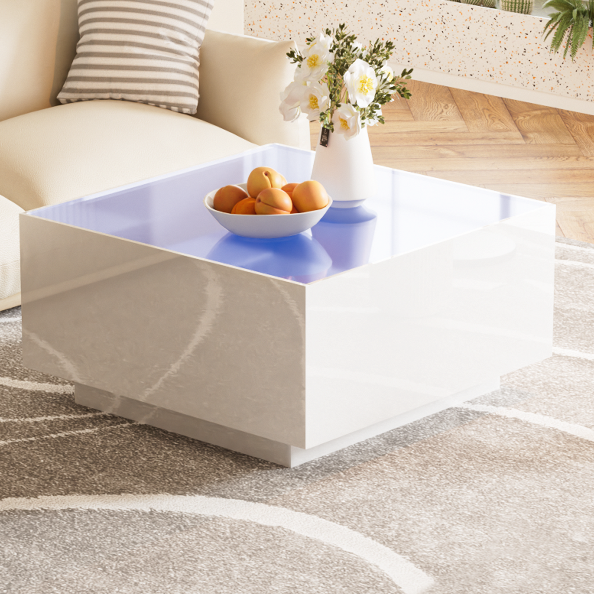 Modern white highgloss coffee table with integrated blue LED lighting