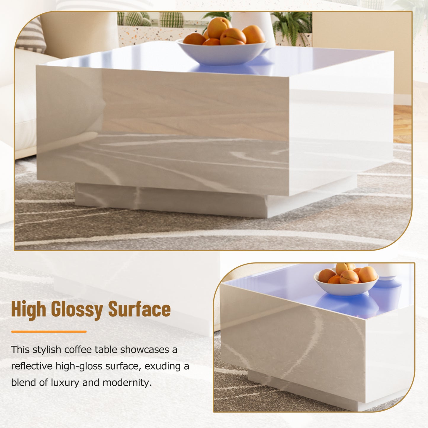 Modern white coffee table with a highgloss finish and blue LED light