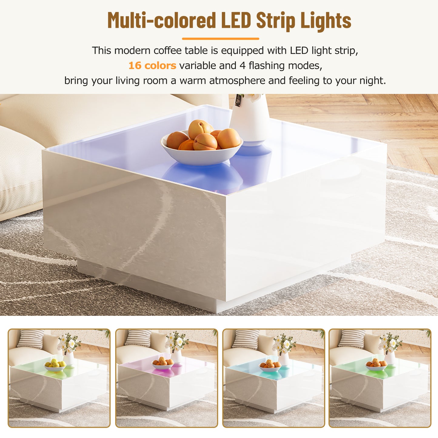 Modern white coffee table with multicolored LED strip lights and a fruit bowl
