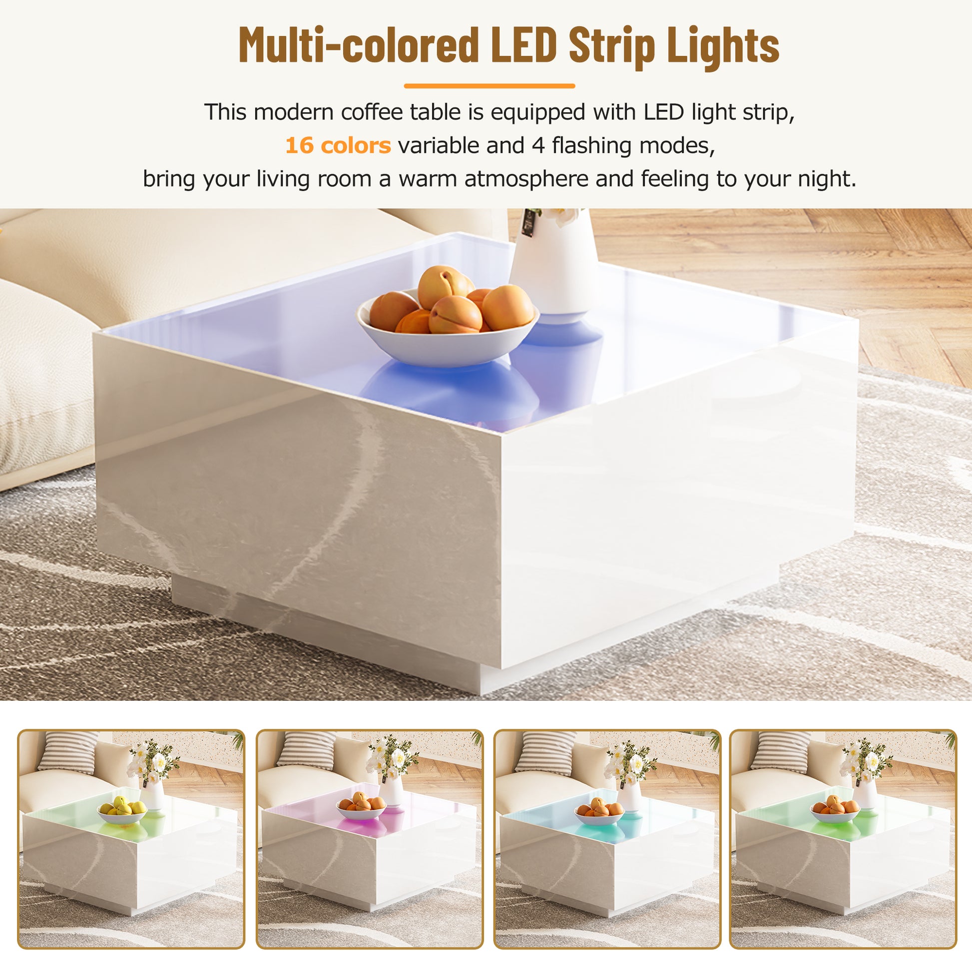 Modern white coffee table with multicolored LED strip lights and a fruit bowl