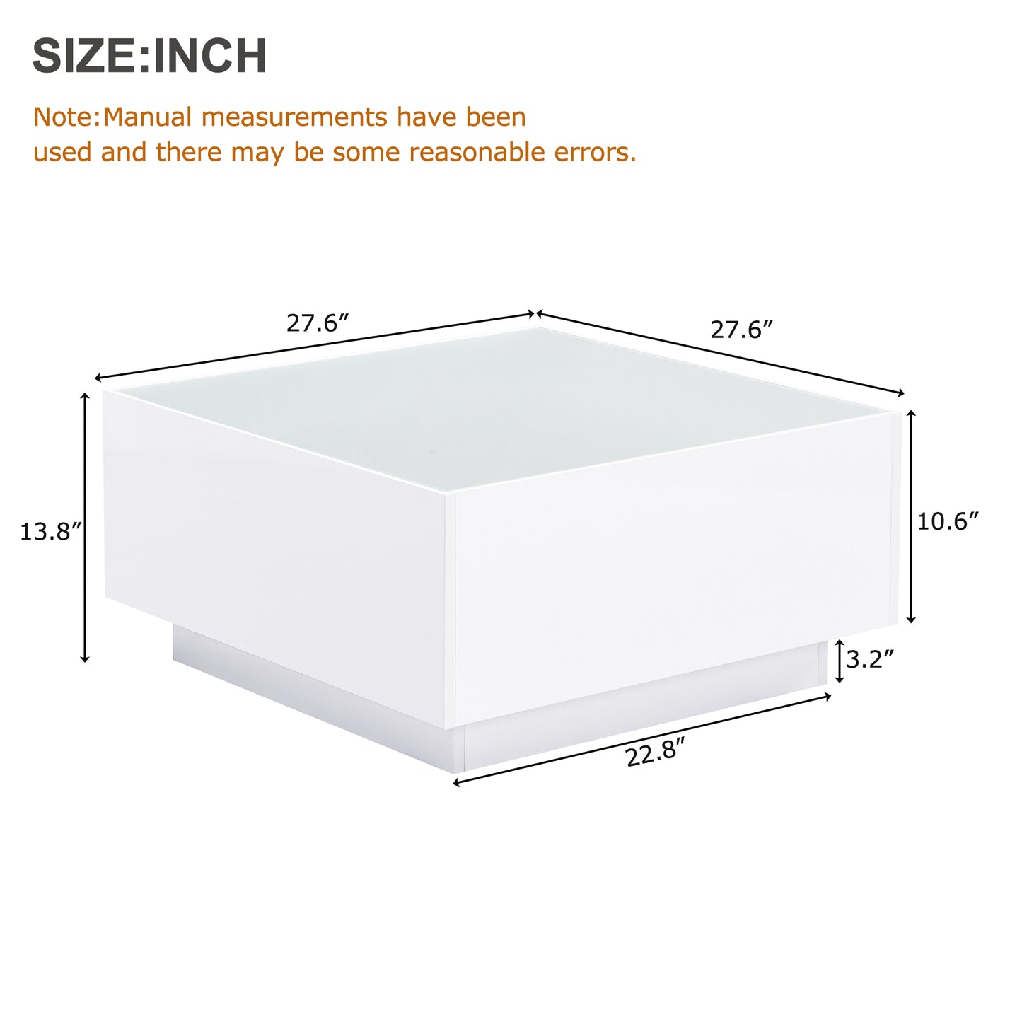 Modern white square coffee table with glass top inch dimensions