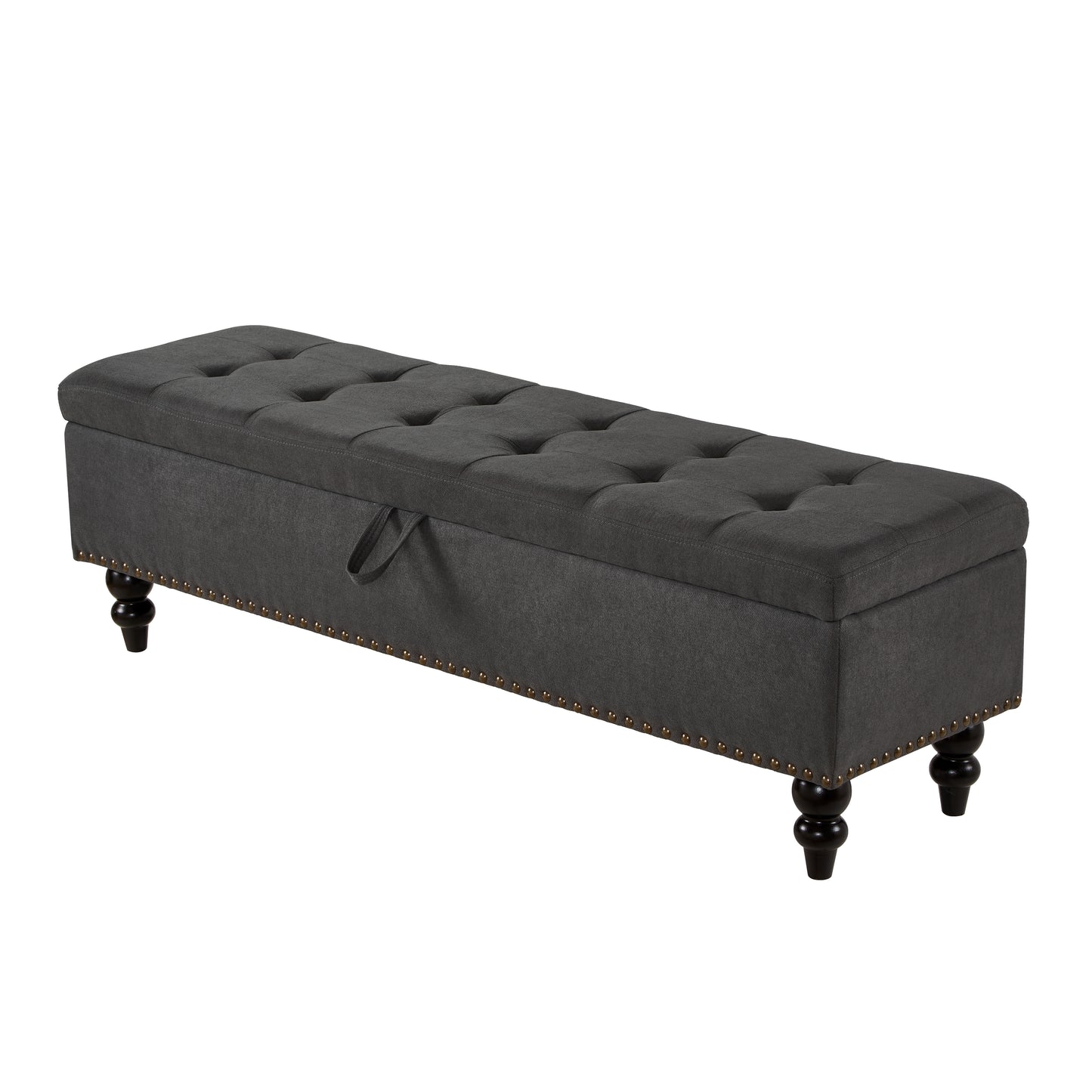 Dark gray storage bench with tufted lid and brass nailhead trim