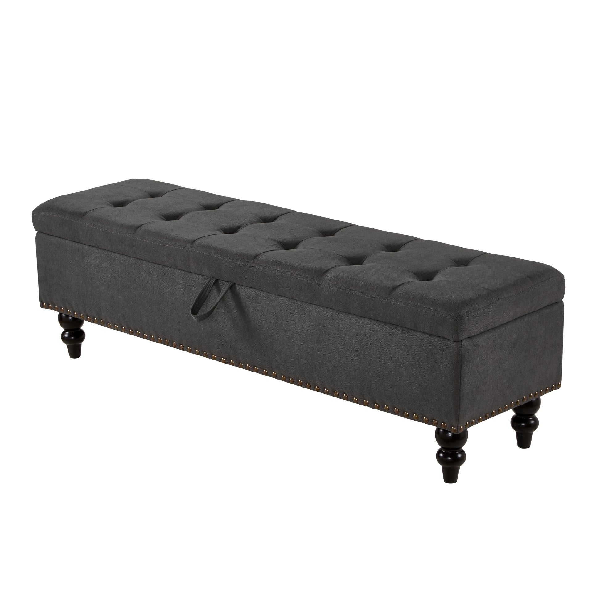 Dark gray storage bench with tufted lid and brass nailhead trim