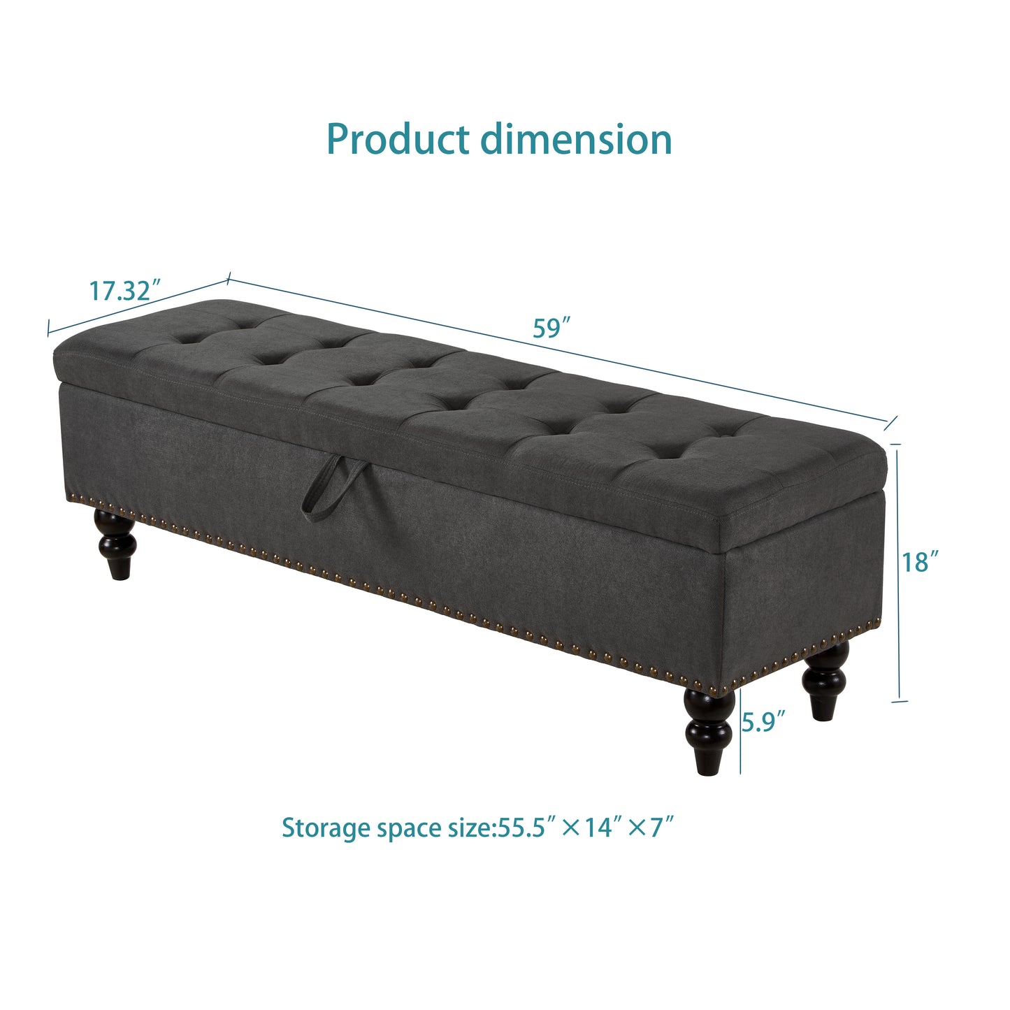 Dark gray tufted storage bench with nailhead trim and wooden legs