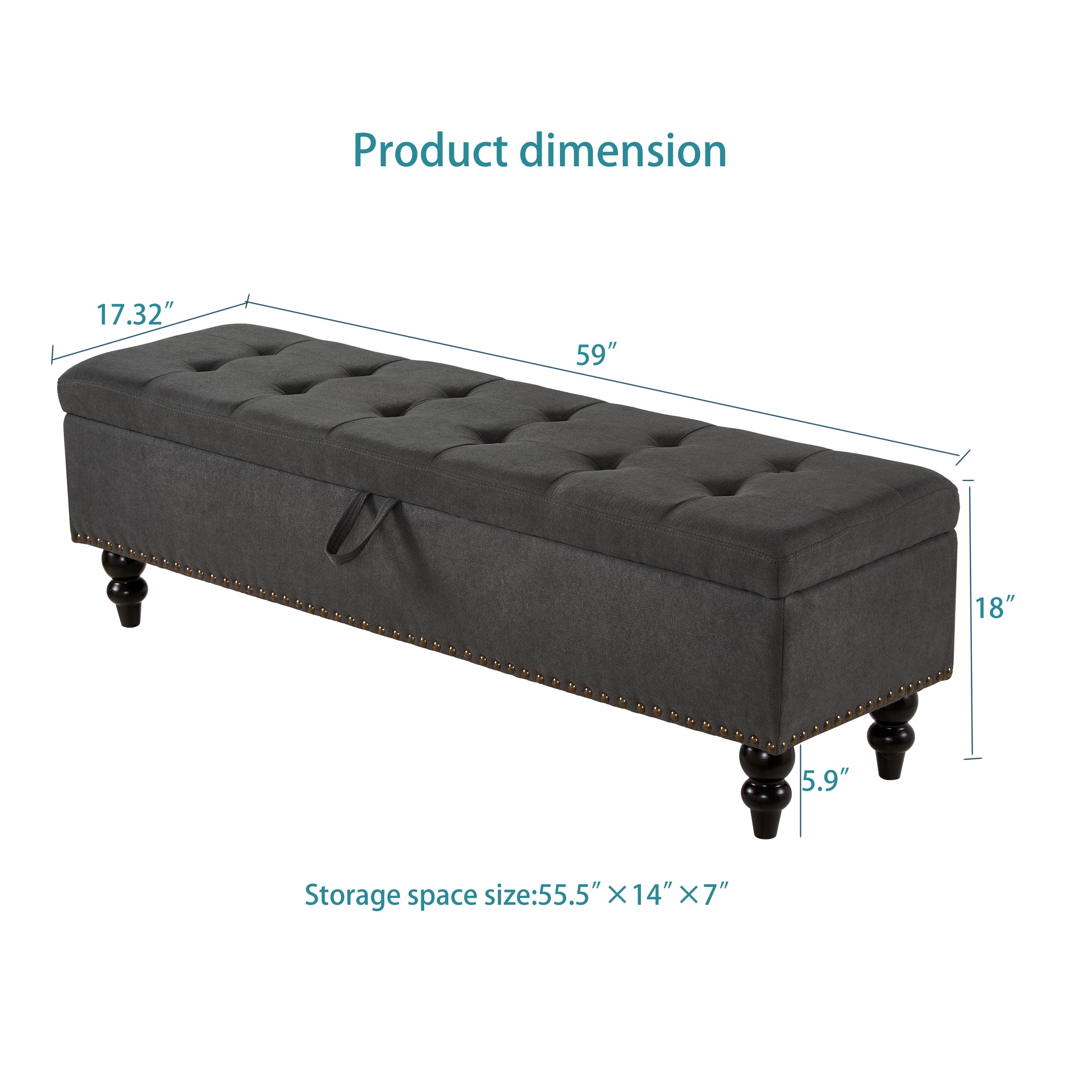 Dark gray tufted storage bench with nailhead trim and wooden legs