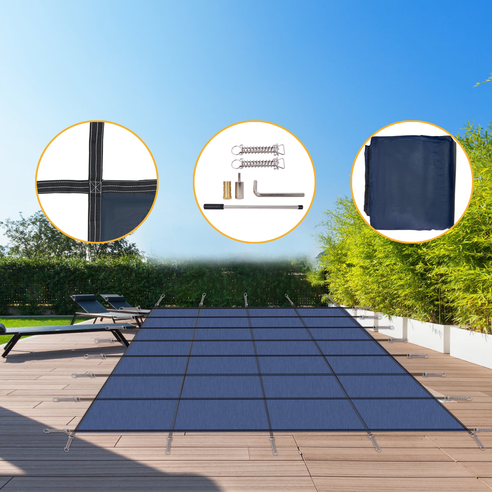 Dark blue heavyduty pool cover with reinforced stitching and springloaded anchors for secure installation