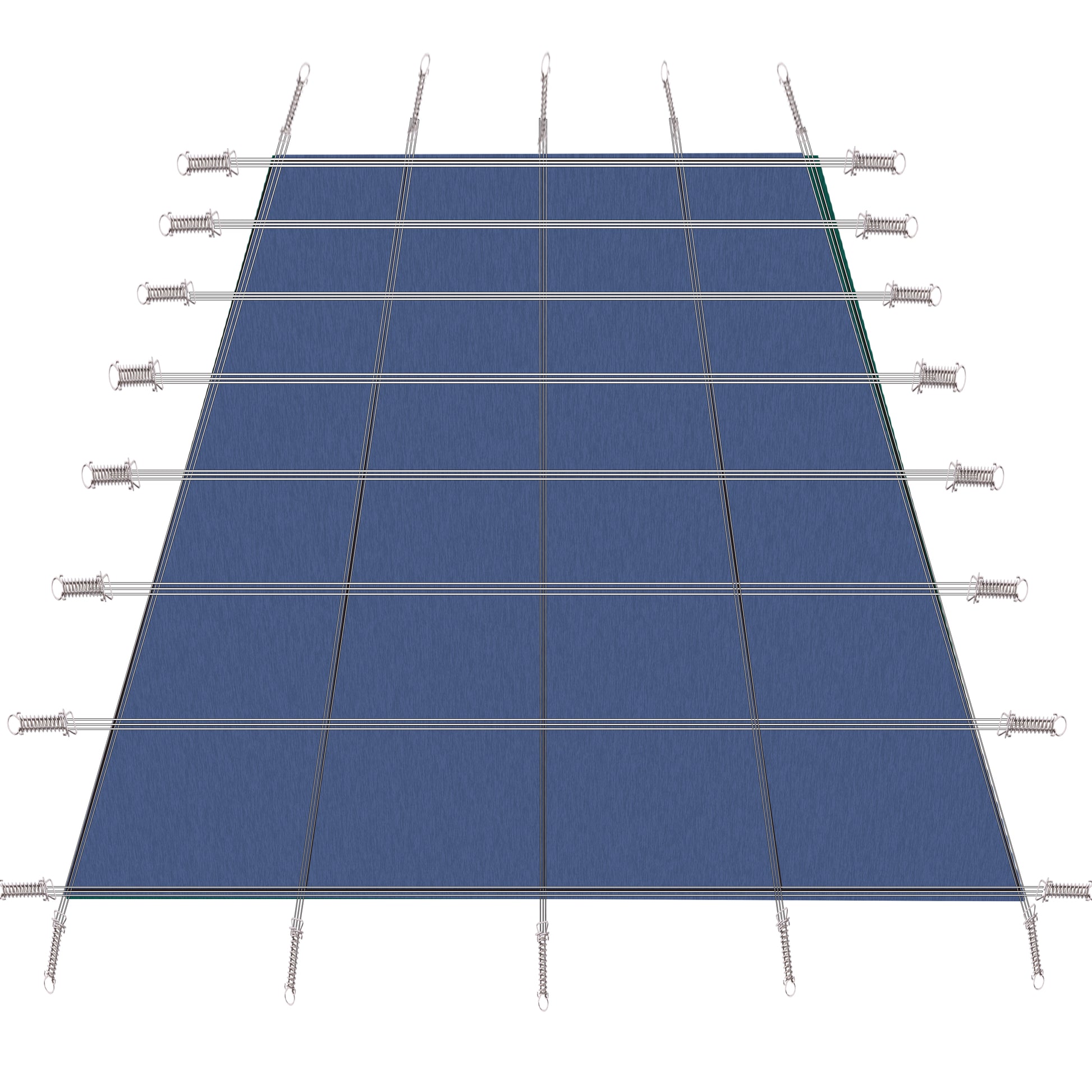Blue tarpaulin sheet with metal grommets and spring clips for secure fastening