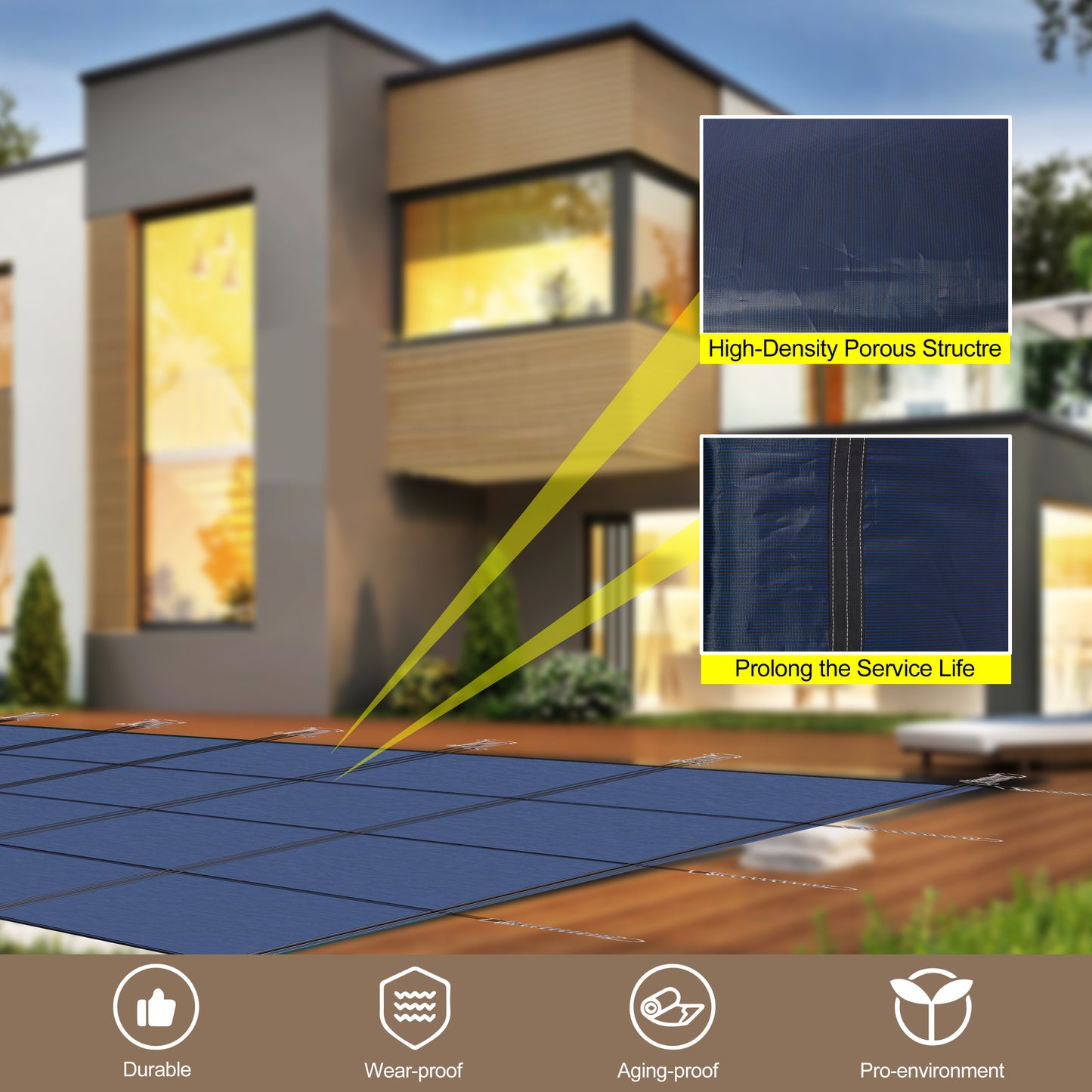 Blue pool cover with highdensity porous structure and reinforced stitching for durability
