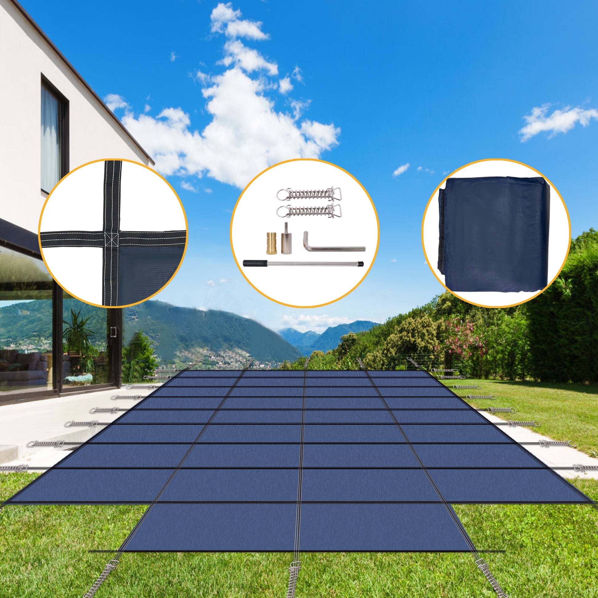 Dark blue solar pool cover laid out on grass with securing springs attached