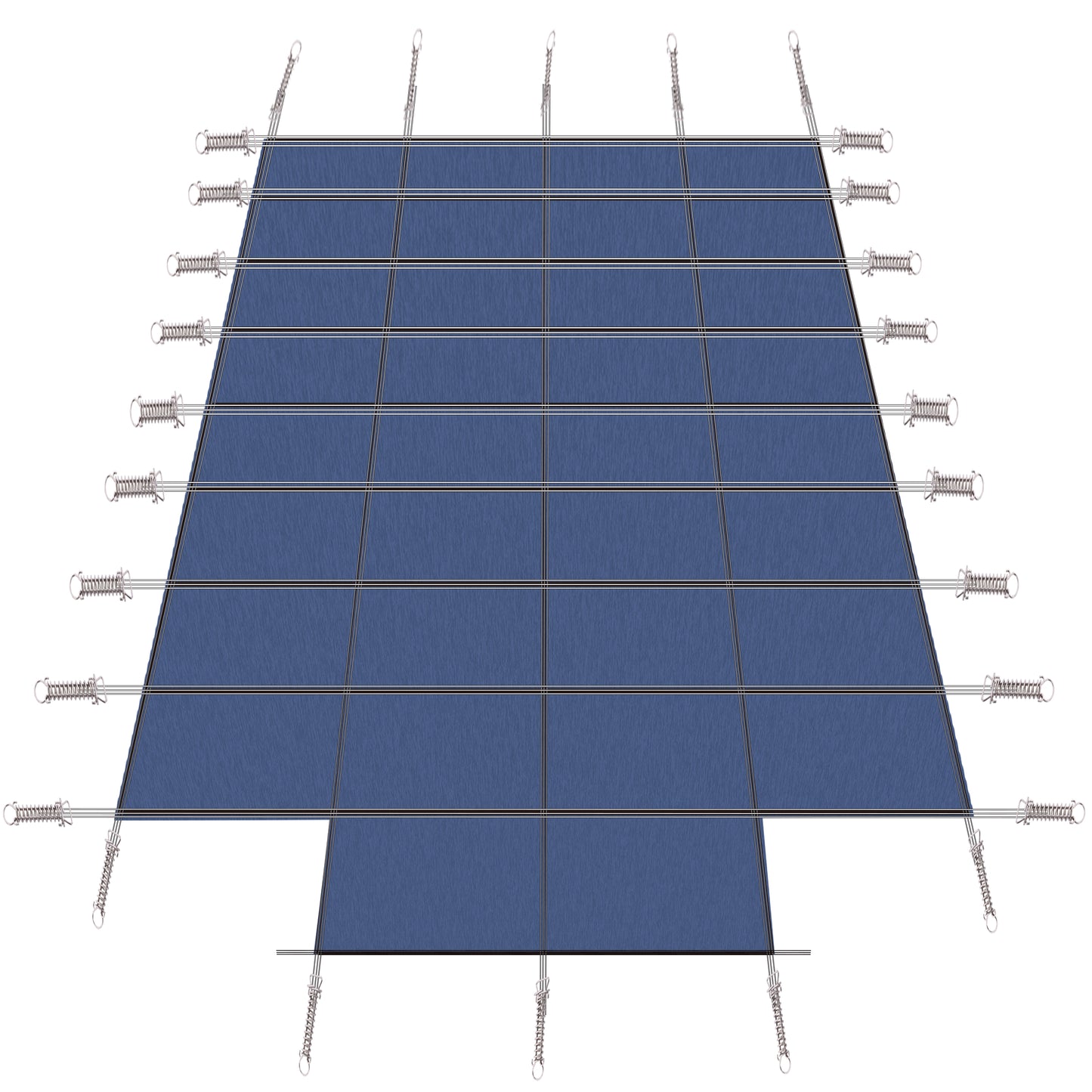 Blue rectangular tarp with reinforced edges and springloaded tiedowns for secure attachment