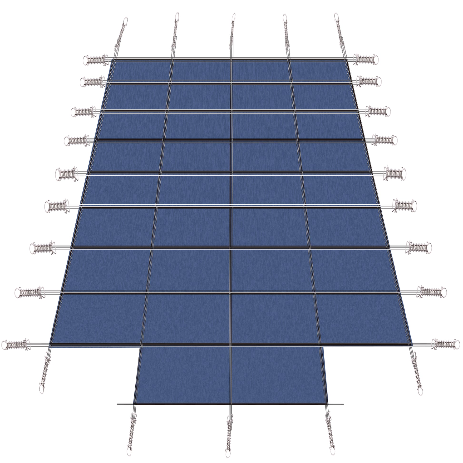 Blue rectangular tarp with reinforced edges and springloaded tiedowns for secure attachment