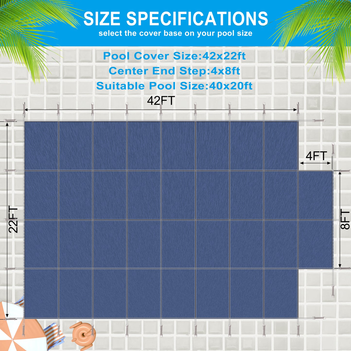 Diagram showing a ft x ft blue pool cover with size specifications