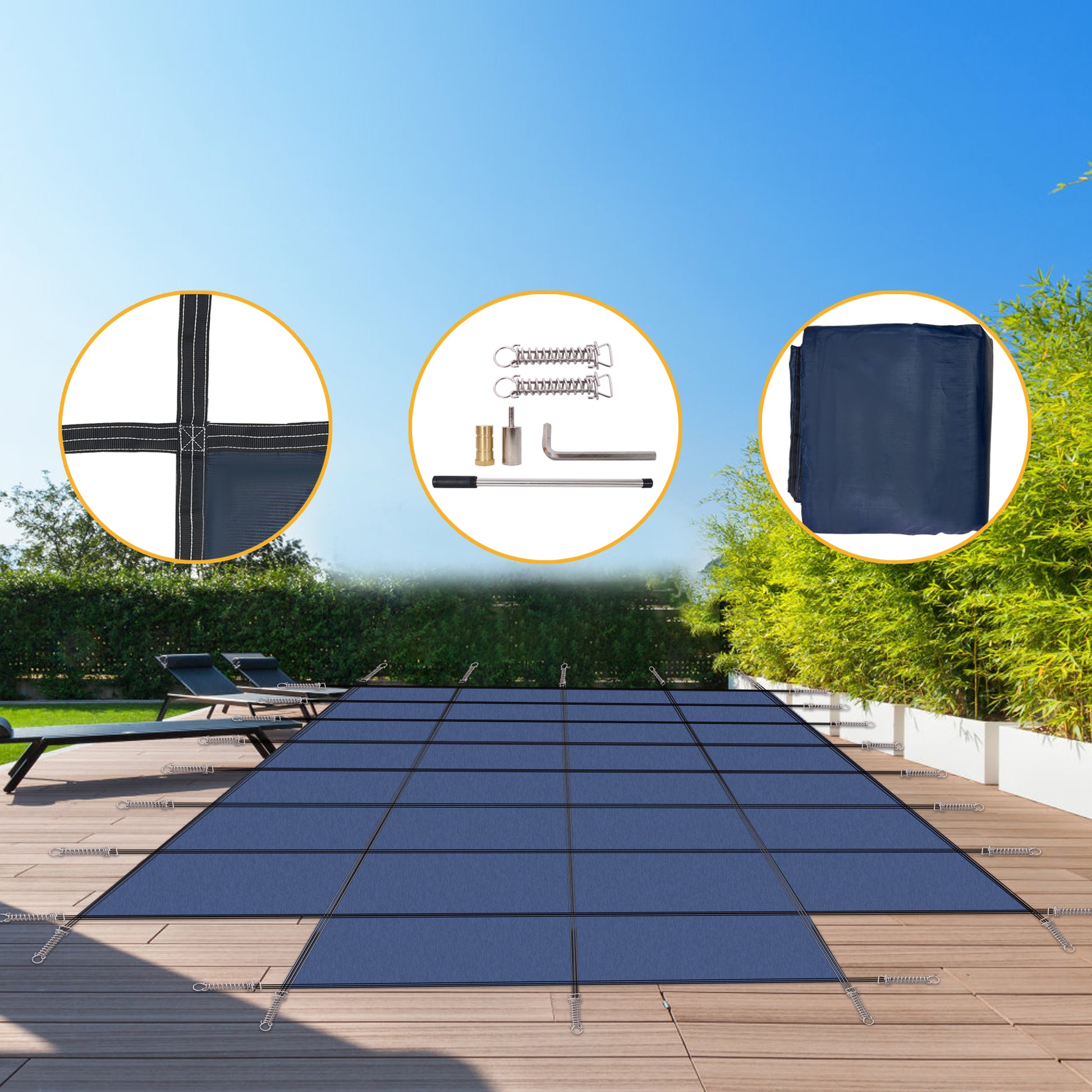Dark blue mesh pool cover with spring system for secure attachment
