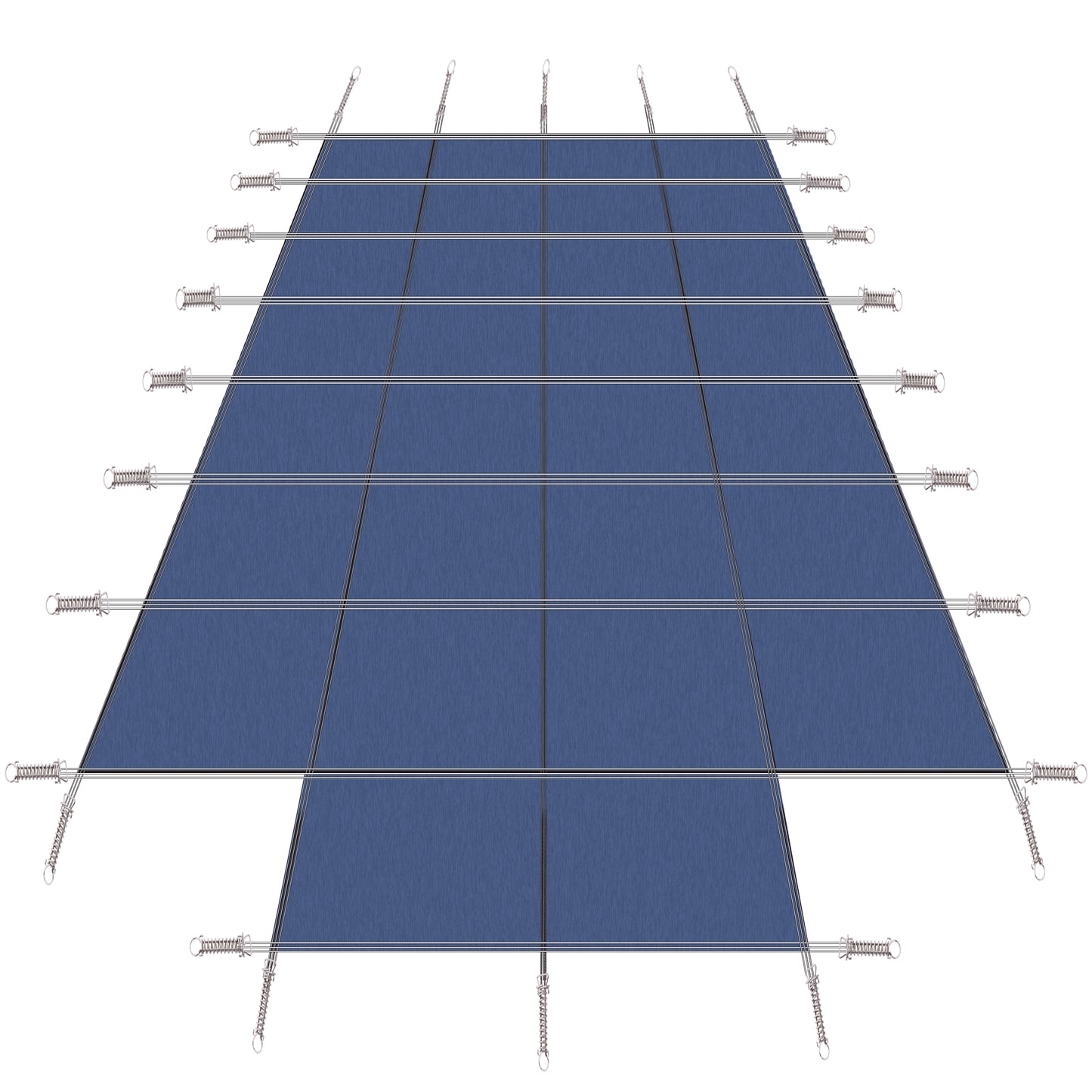 Blue rectangular tarp with reinforced edges and metal spring clips for secure attachment