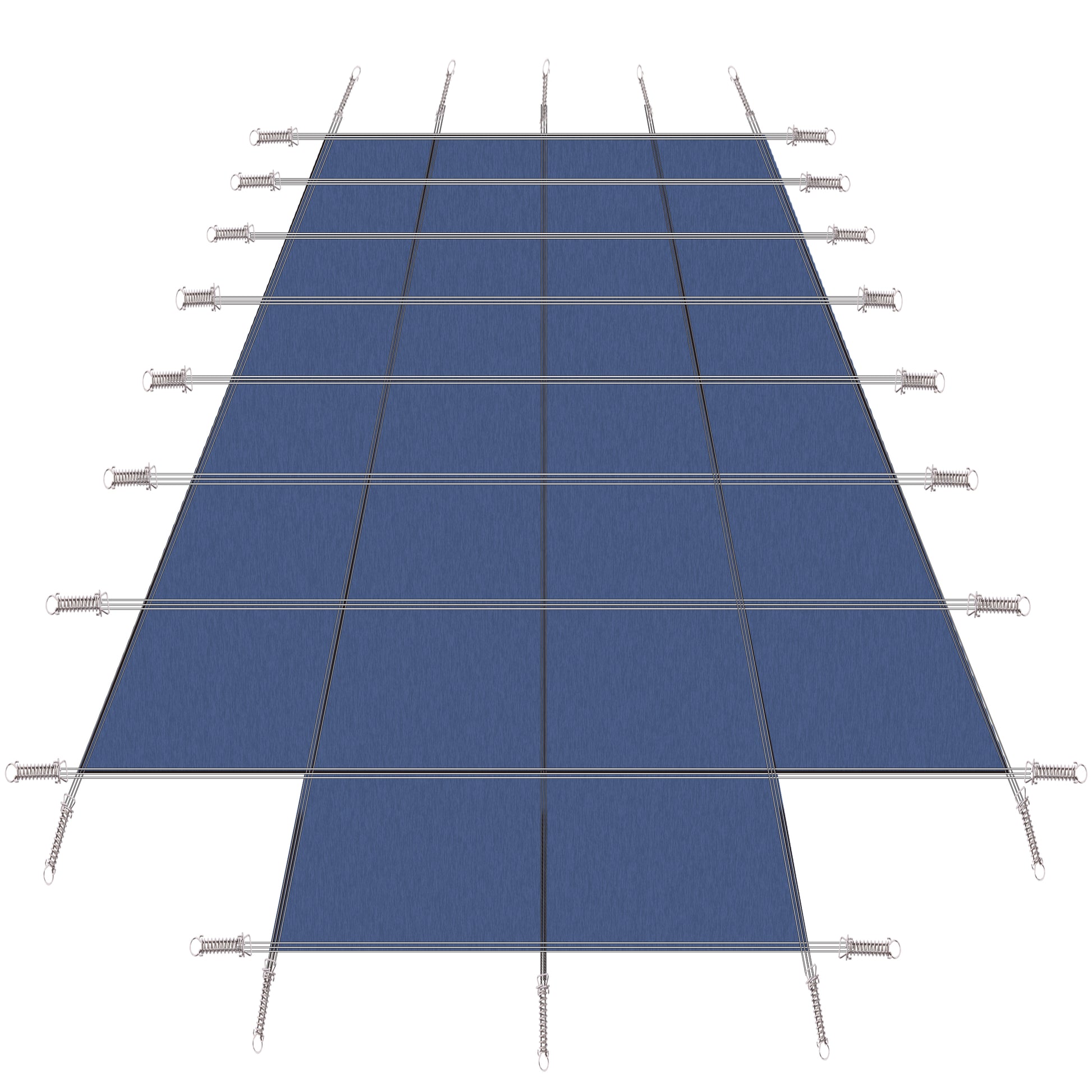 Blue rectangular tarp with reinforced edges and metal spring clips for secure attachment