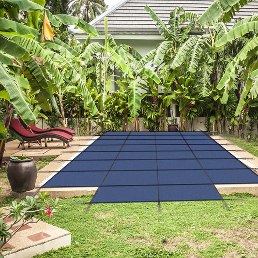 Dark blue solar pool cover lightweight mesh protects pool from debris