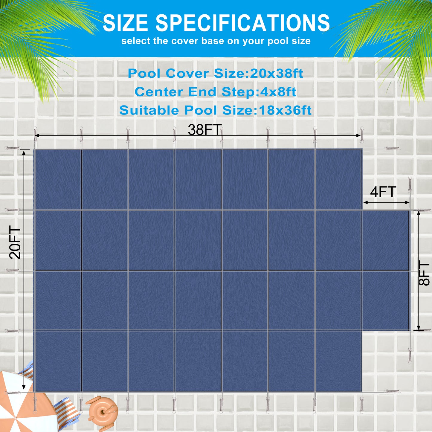 Blue pool cover diagram measuring ft by ft with dimensions ft and ft indicated