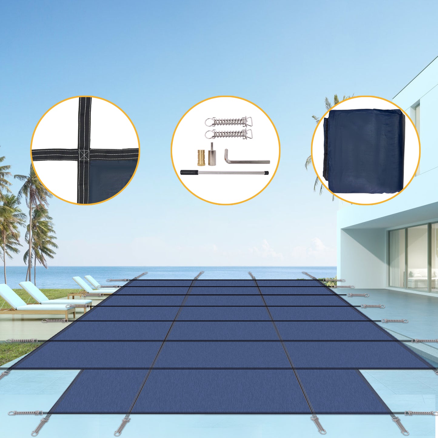 Dark blue rectangular pool cover with reinforced stitching and spring hardware for secure installation