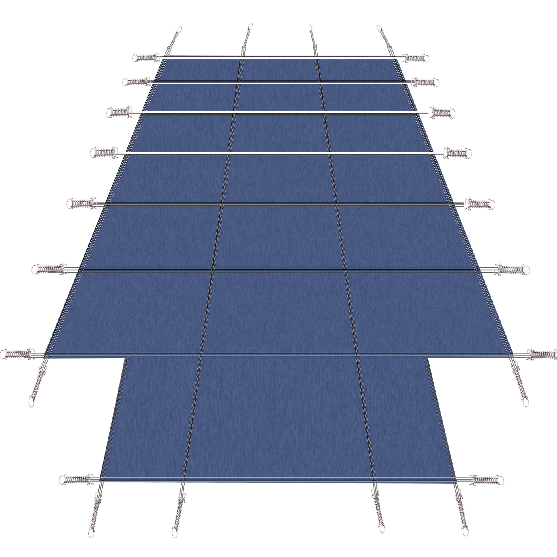 Navy blue shade sail with reinforced edges and adjustable tension springs for outdoor use