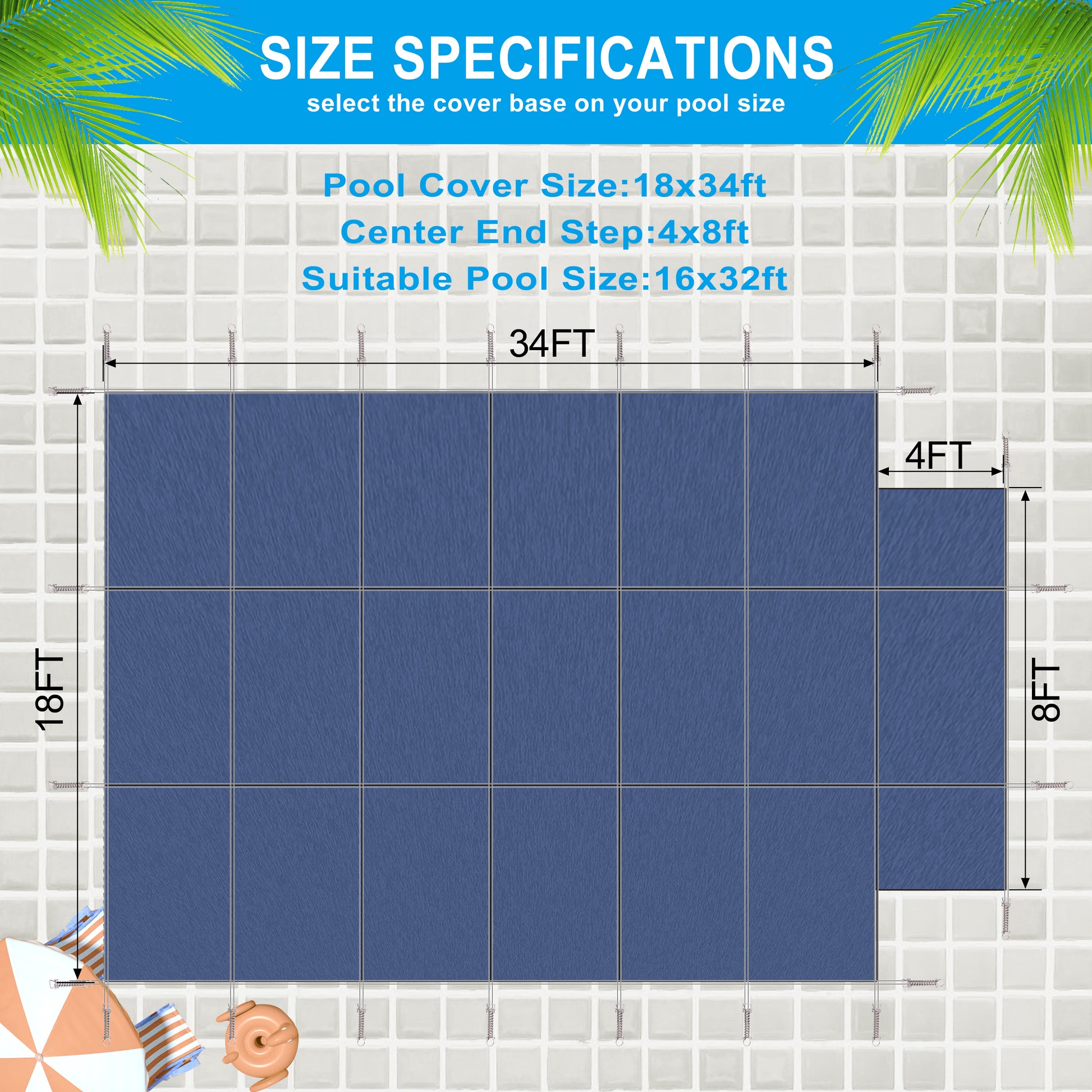 Blue rectangular pool cover xft dimensions detailed with size specifications for various pool types