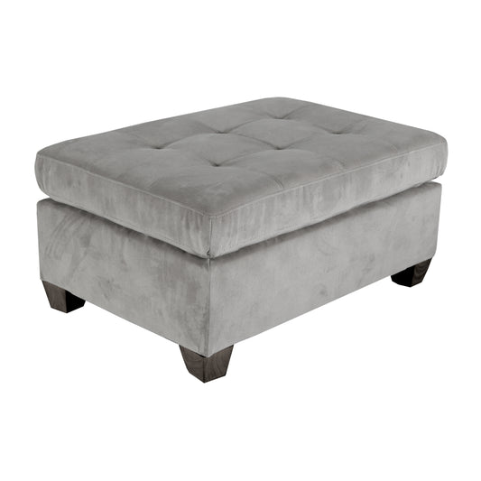Tufted grey velvet rectangular ottoman with dark wood legs