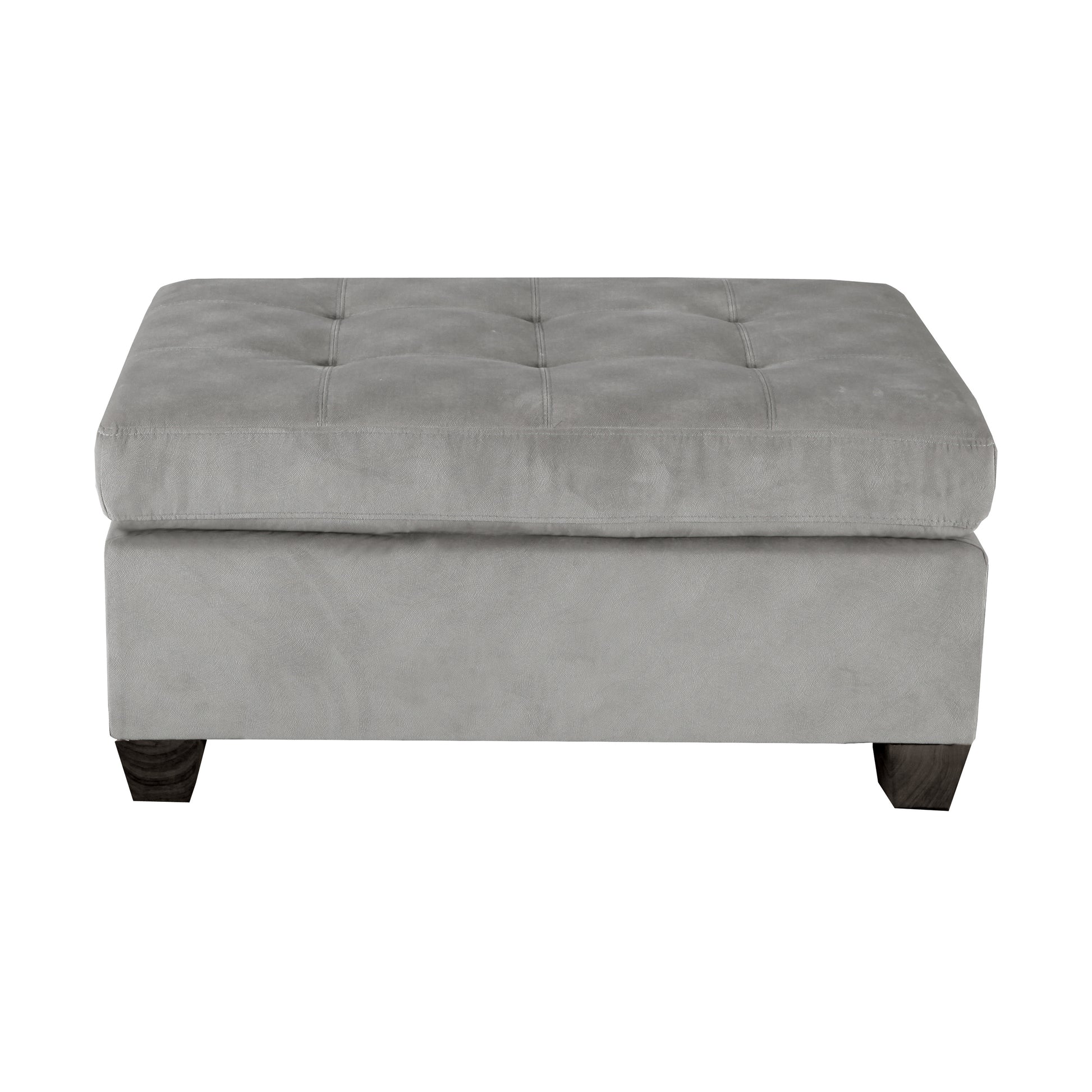 Tufted grey velvet ottoman with dark wood legs perfect for footrest or extra seating