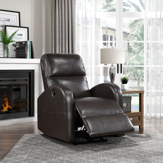 Dark brown leather recliner chair with extended footrest on a grey patterned rug
