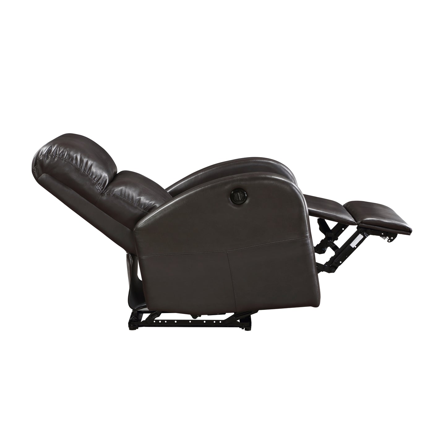 Brown faux leather recliner chair extended with footrest up