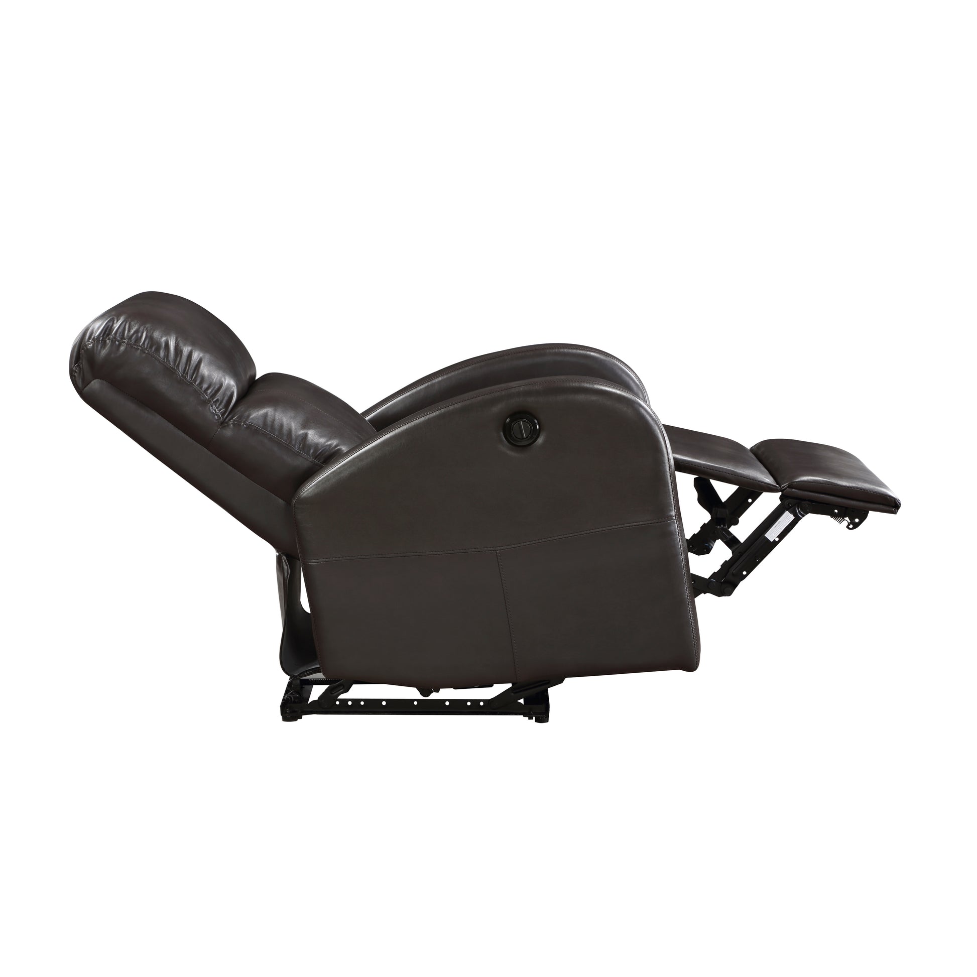 Brown faux leather recliner chair extended with footrest up