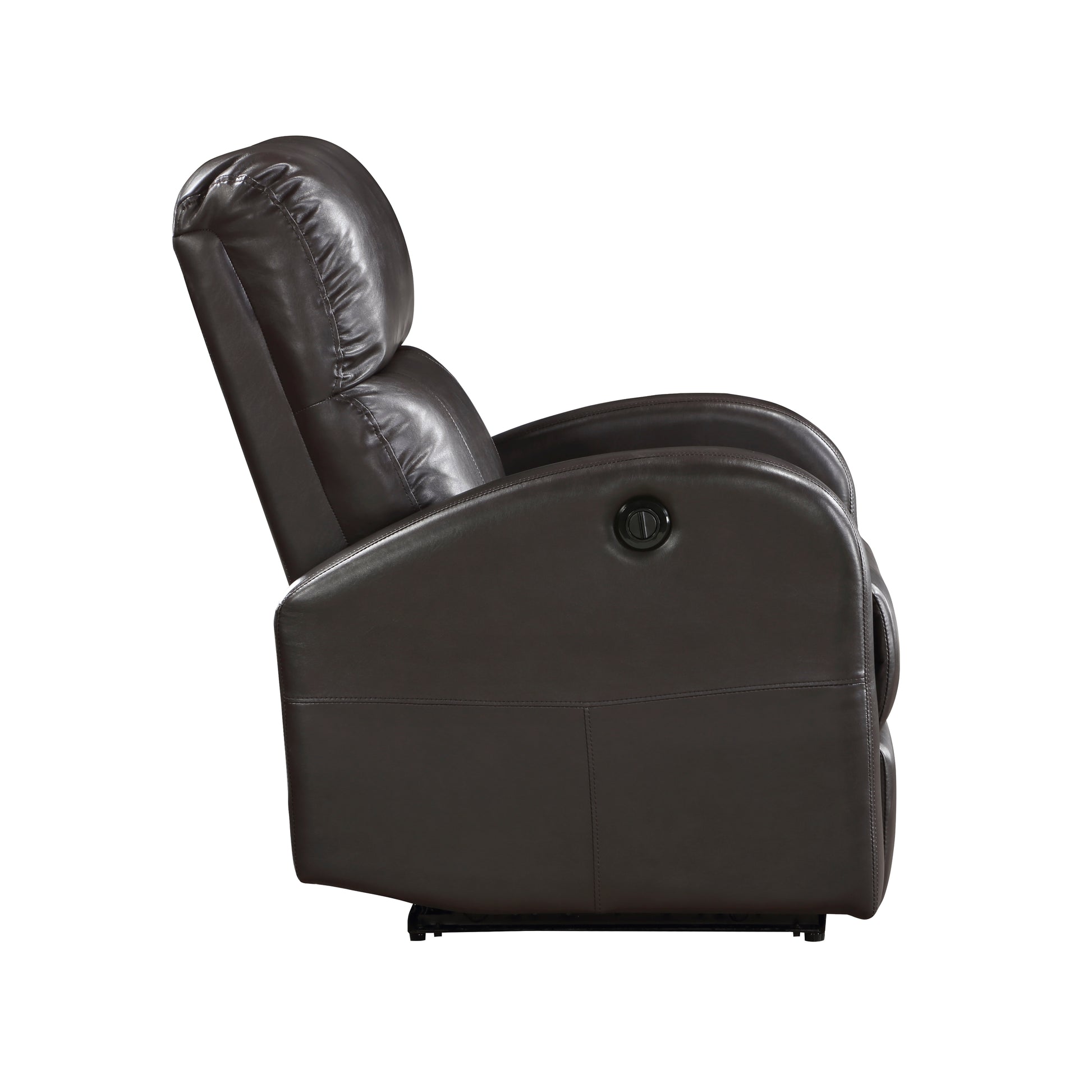 Dark brown leather recliner chair with tufted headrest and integrated USB port for comfortable home theater seating