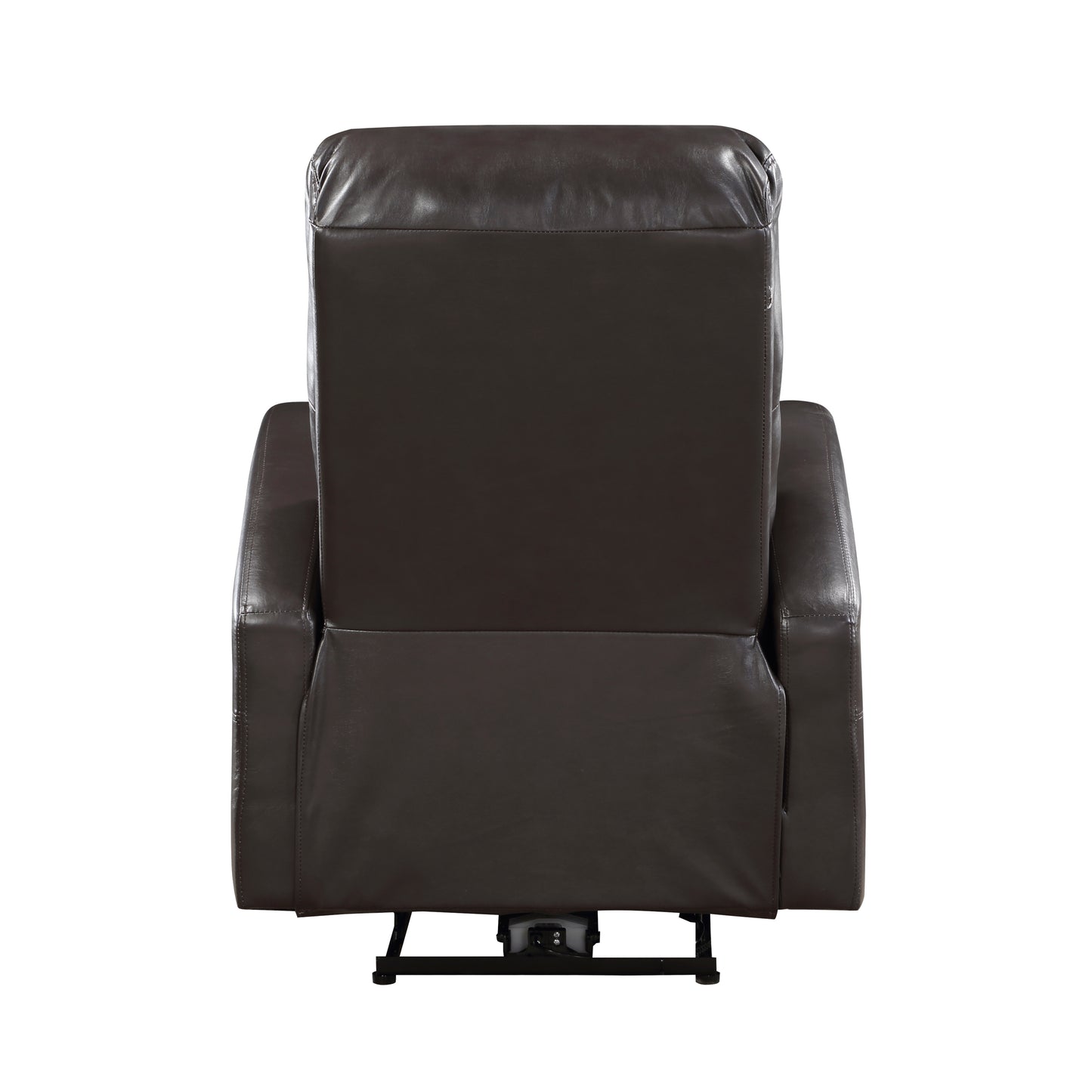 Dark brown leather power recliner chair from the back