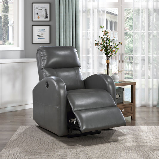 Gray faux leather recliner with padded headrest and footrest perfect for living rooms