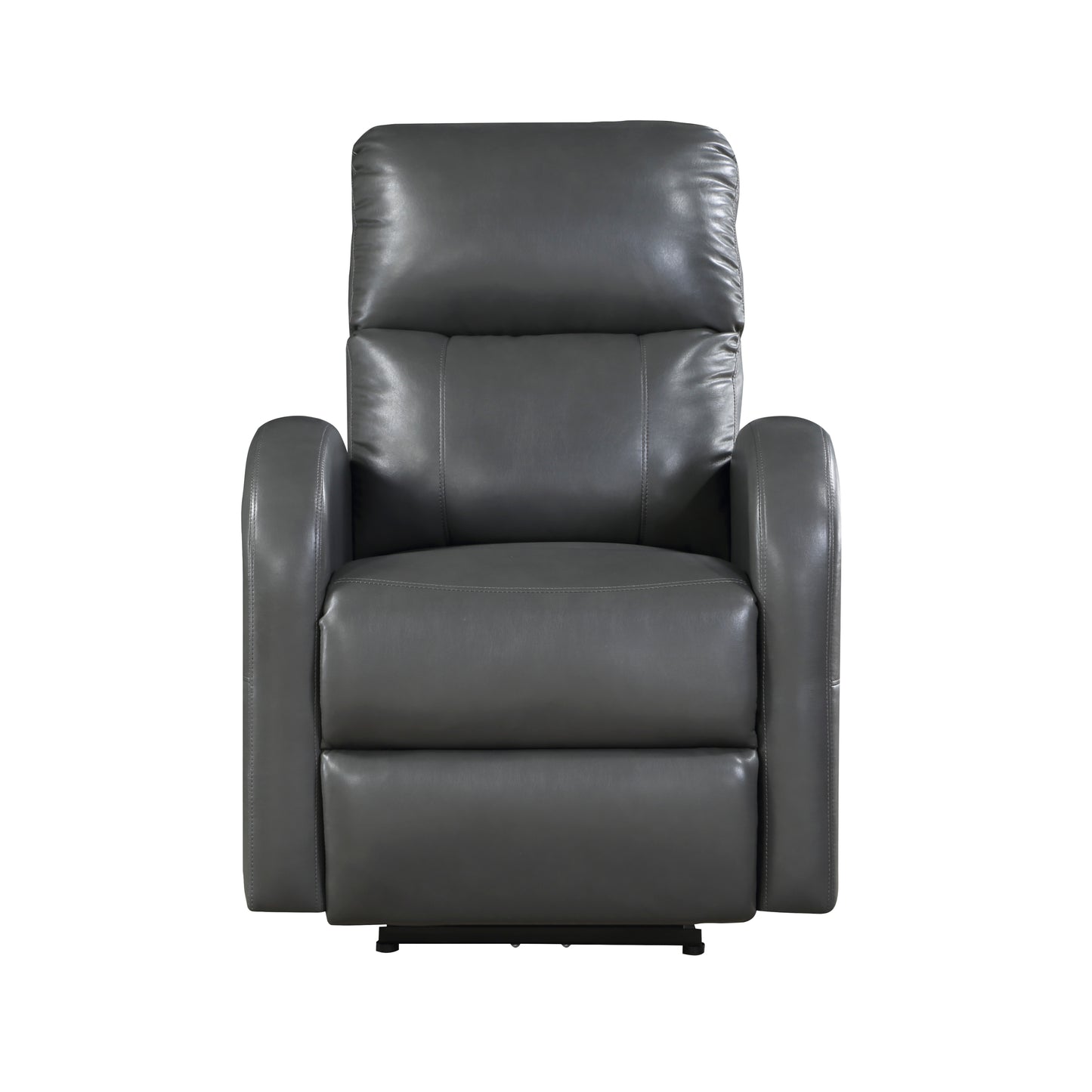 Gray faux leather power recliner with padded headrest and arms for ultimate comfort