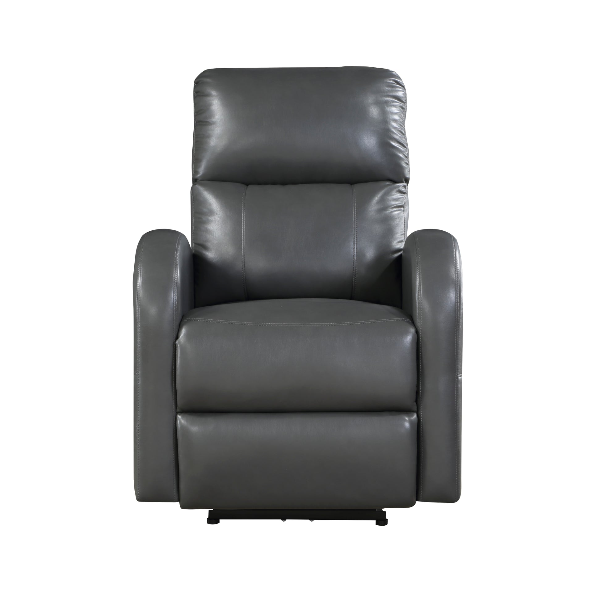 Gray faux leather power recliner with padded headrest and arms for ultimate comfort