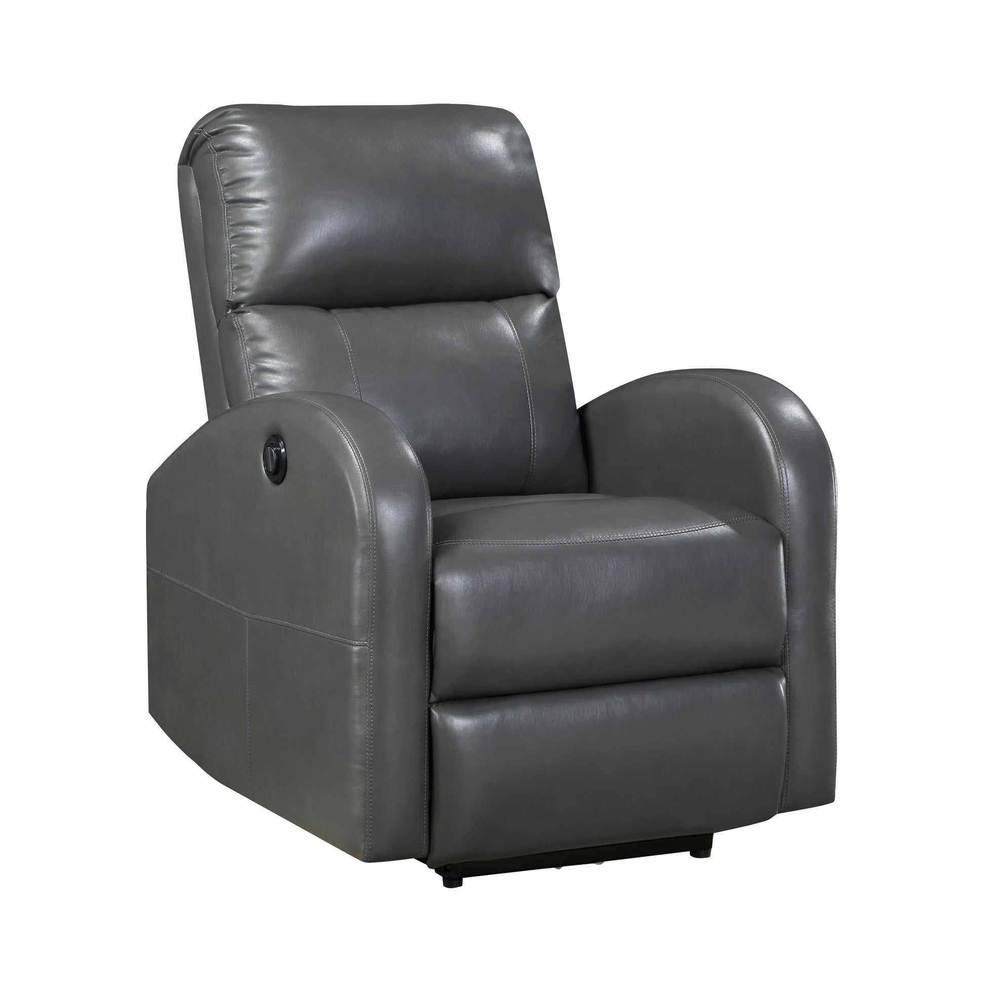 Gray leather power recliner with lumbar support and adjustable headrest