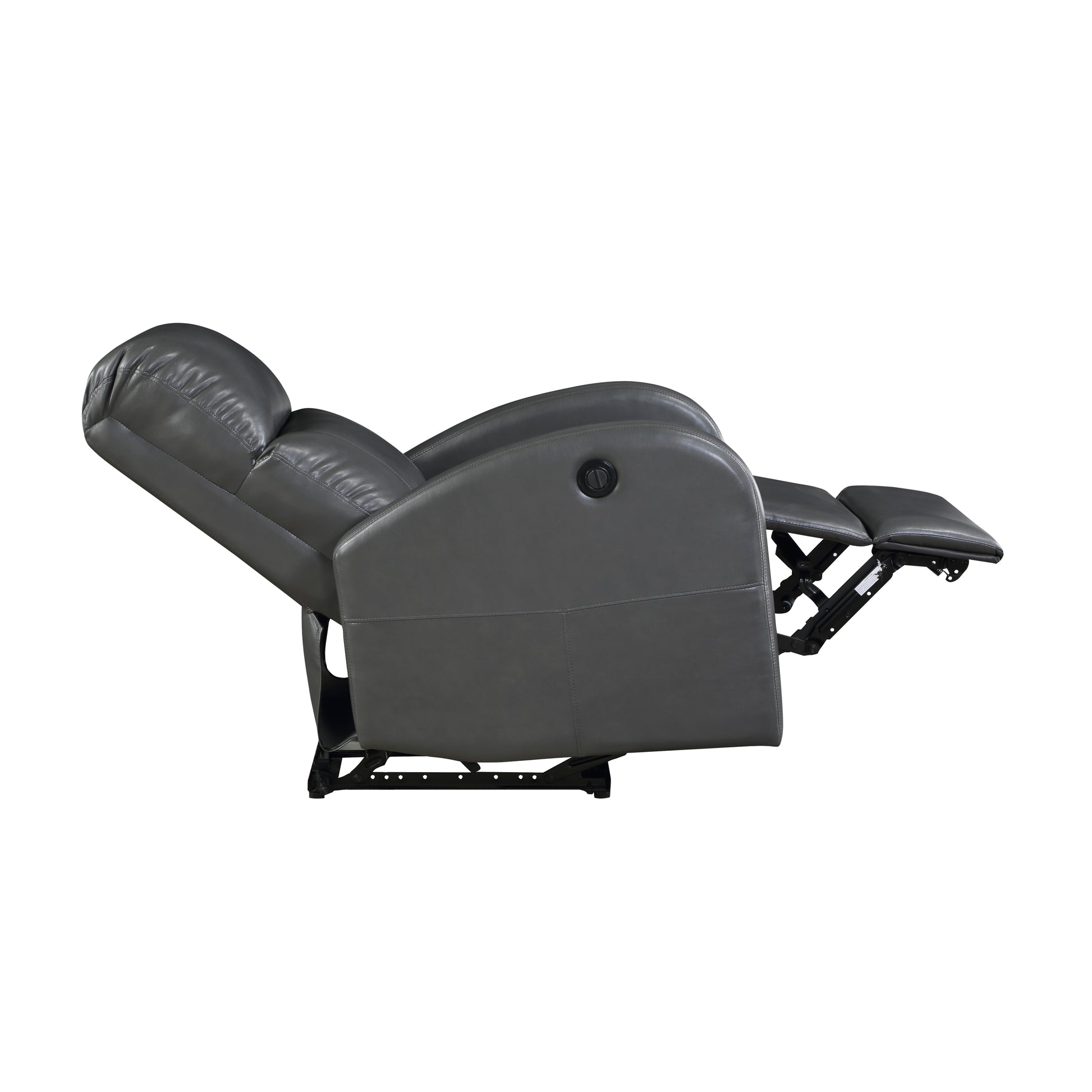 Gray leather recliner chair with extended footrest and back for ultimate comfort