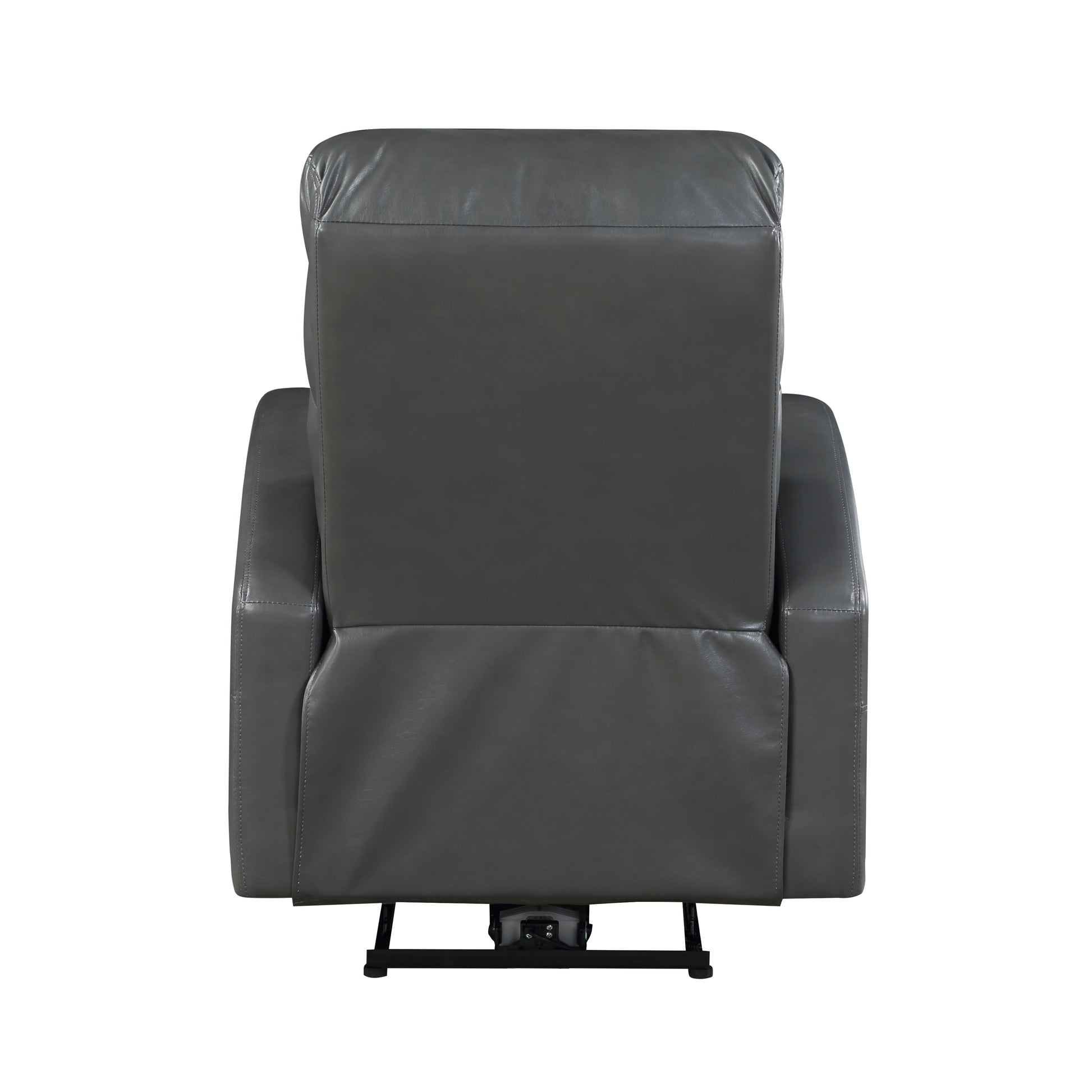 Back view of a grey leather power lift recliner with a sturdy base mechanism