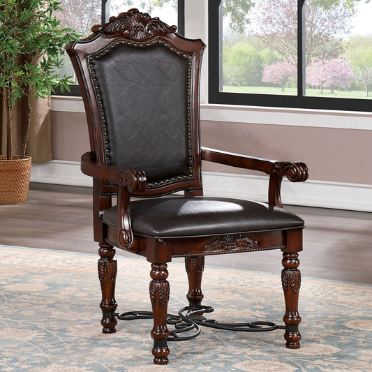 TREATLIFE HOME Traditional 2-Piece Arm Chairs with Black Leatherette Seats and Faux Wood Carved Details, Brown Cherry Finish