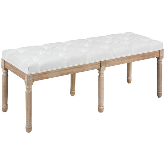 Tufted white faux leather bench with carved wood frame