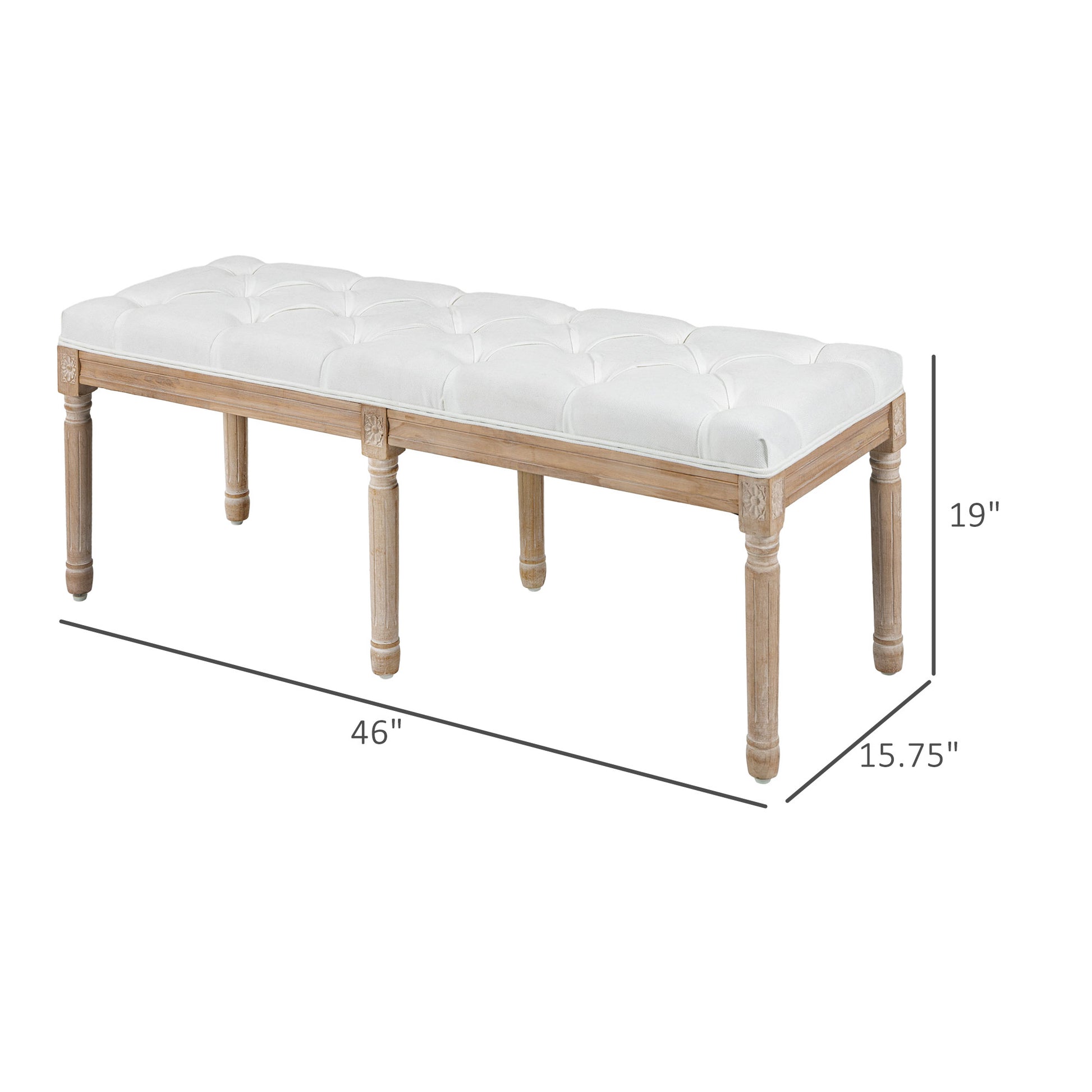Tufted white upholstered bench with carved light wood frame and legs