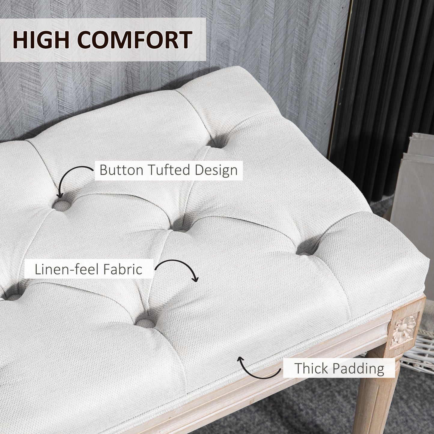White upholstered accent bench with button tufting and linenfeel fabric